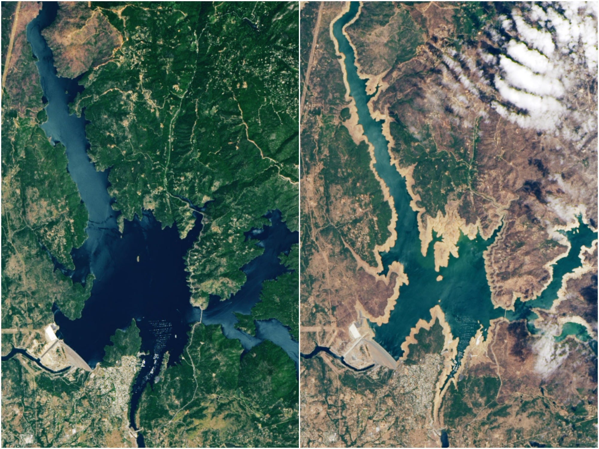 lake oroville full june 2019 and dry receding june 2021