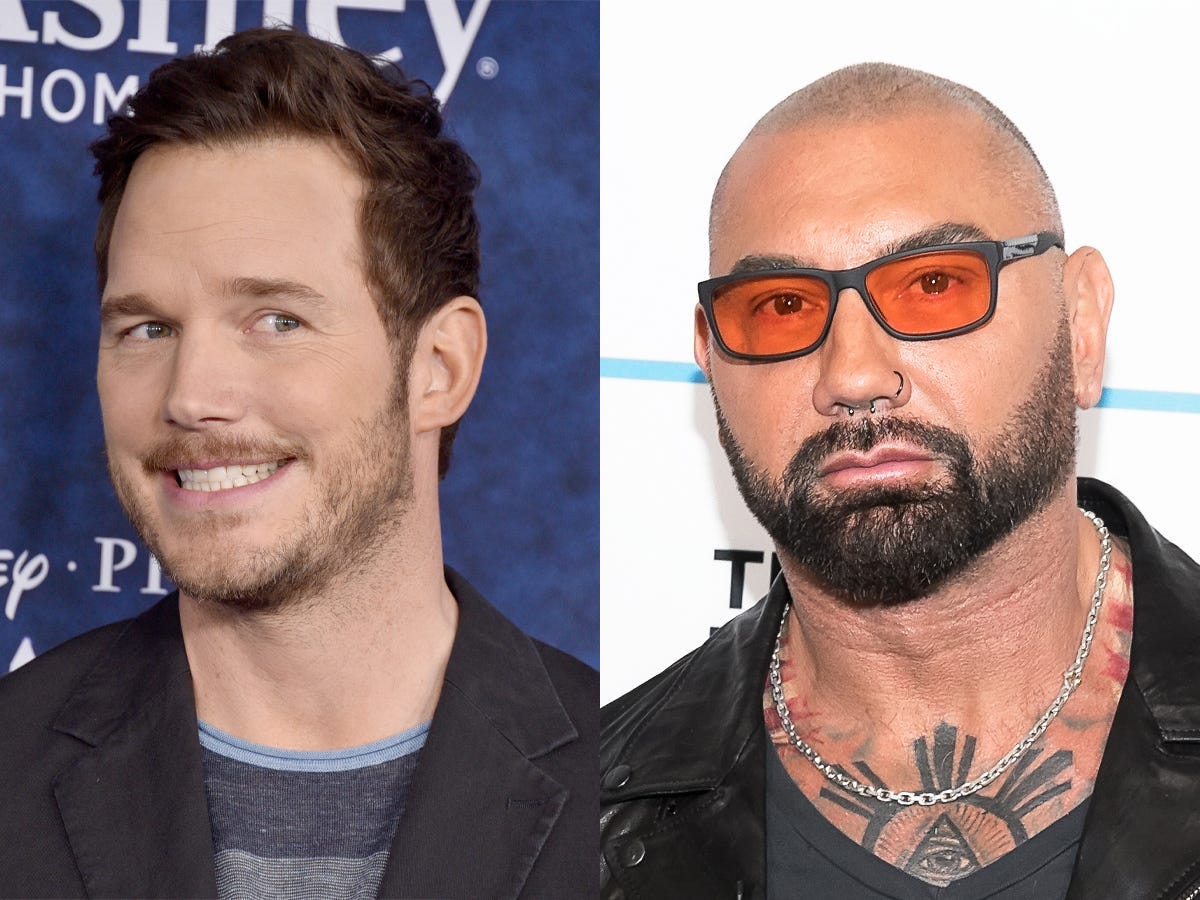 A side by side image of Chris Pratt and Dave Bautista.