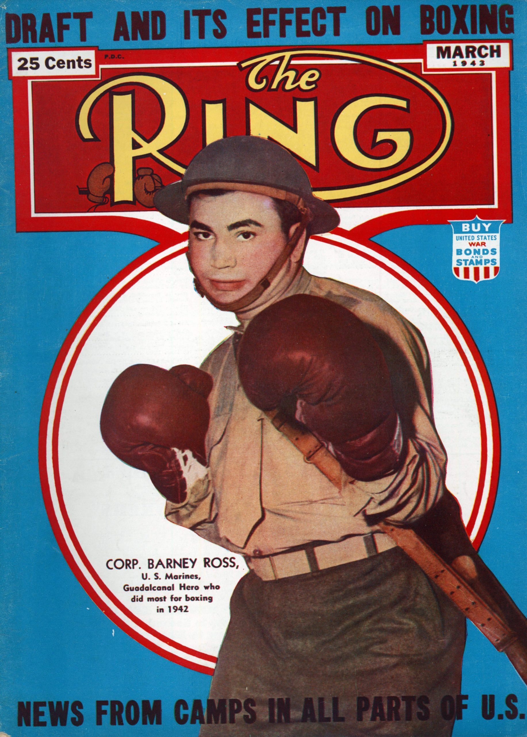 A magazine cover has an illustration of a soldier in boxing gloves under the title "The Ring"