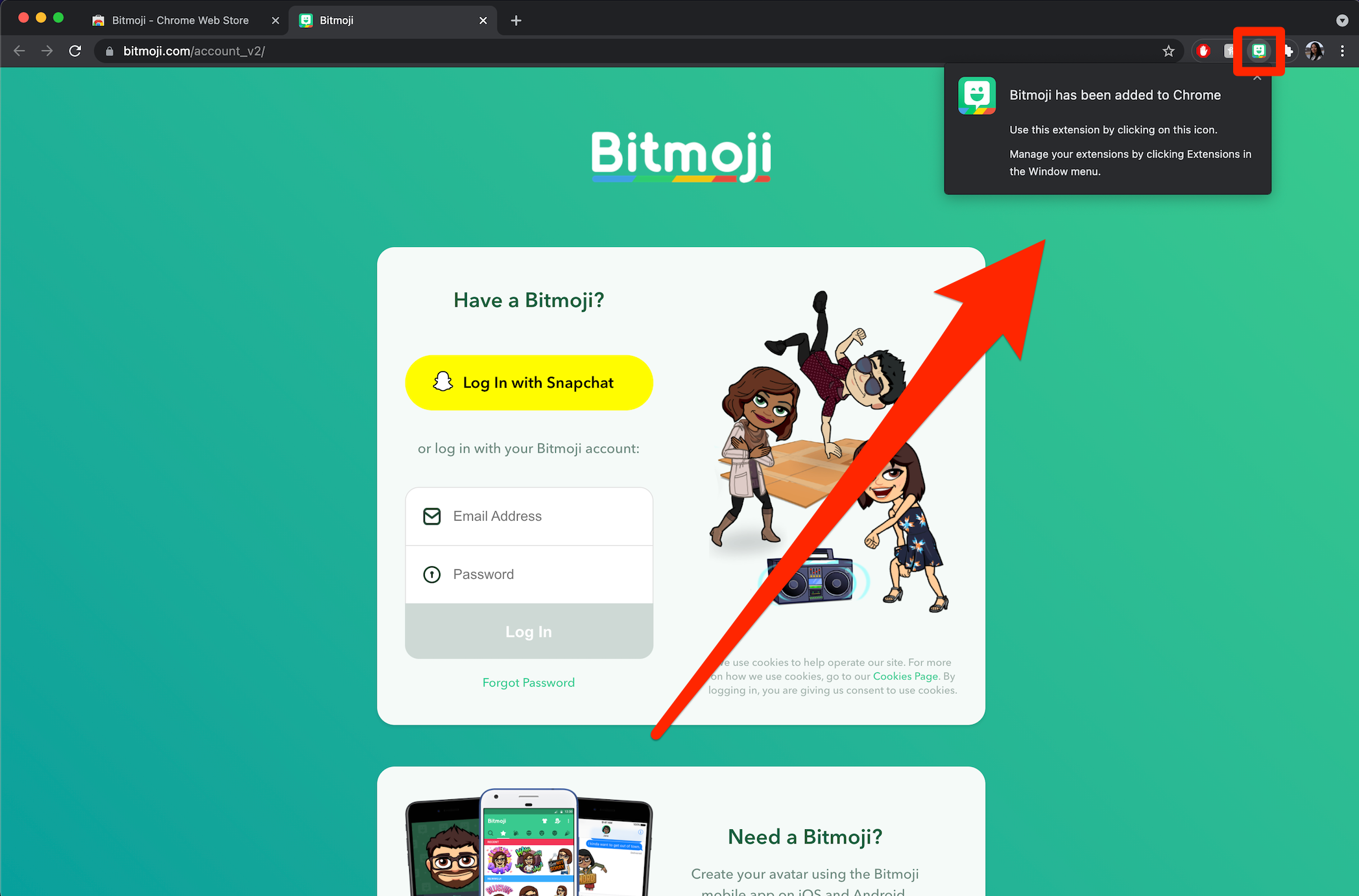 The Google Chrome Bitmoji extension page, showing that it's been installed.