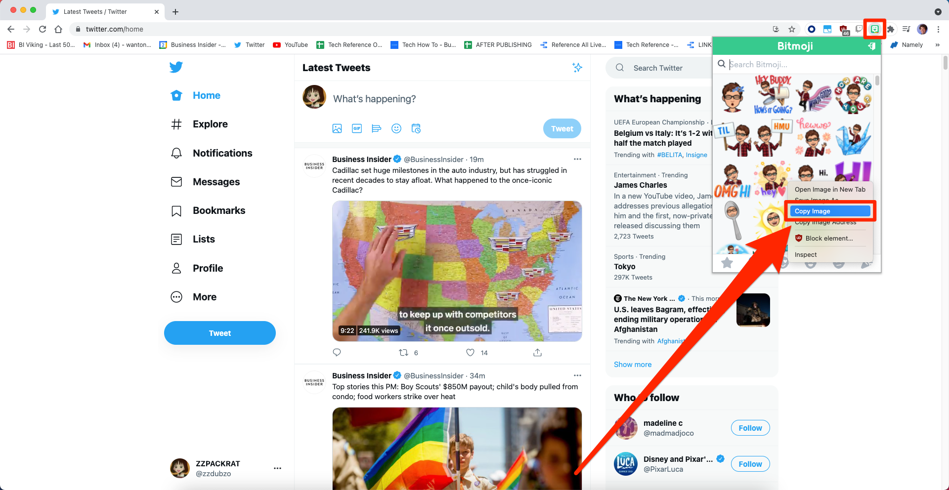 A Twitter page with the Google Chrome Bitmoji extension open on it.