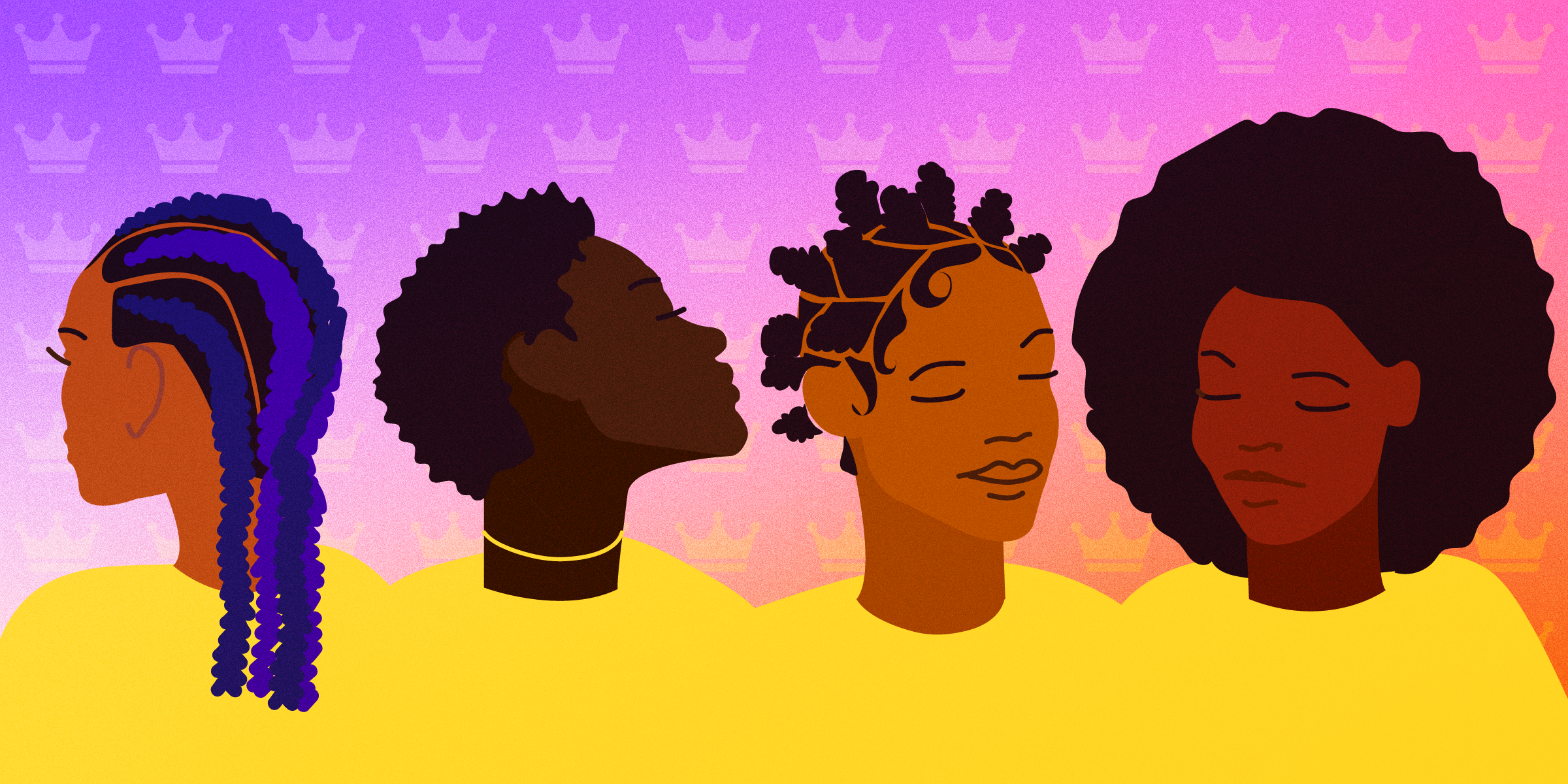 Illustration of four women with various natural hair styles, on a gradient background that features crowns