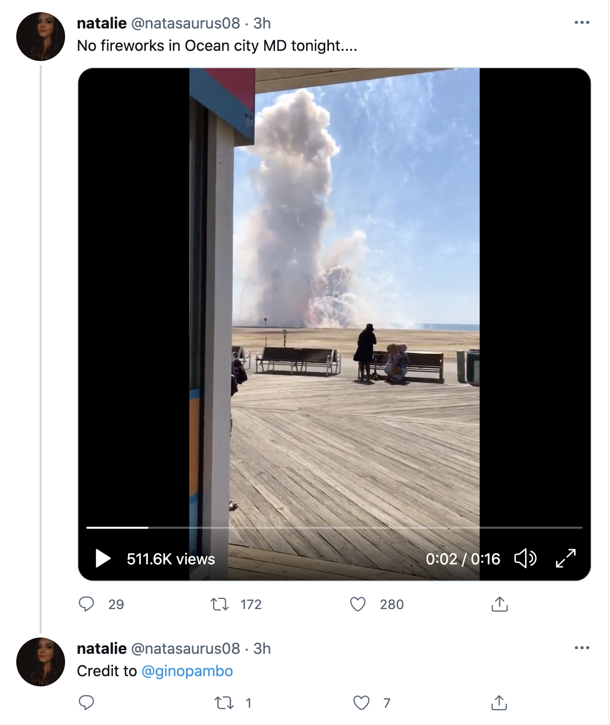 A screenshot of a tweet that shows a video of fireworks exploding against a blue sky on a boardwalk.