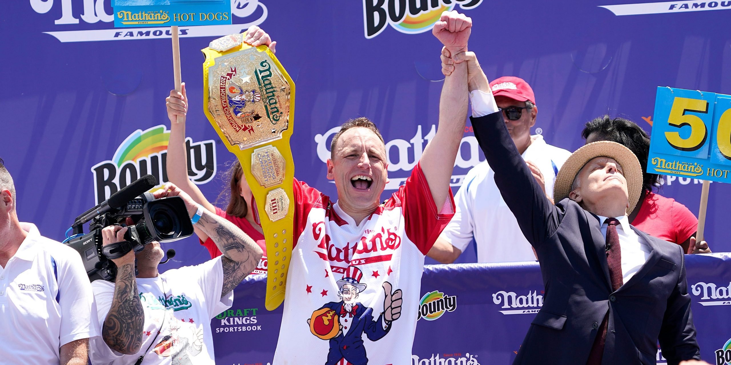 Defending Champion Joey Chestnut wins having consumed 76 hot dogs during the 2021 Nathans Famous Fourth of July International Hot Dog Eating Contest at Coney Island.