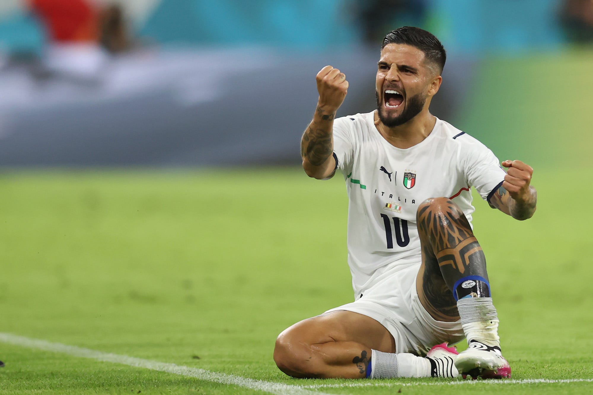 Lorenzo Insigne celebrates scoring a goal for Italy against Belgium at Euro 2020