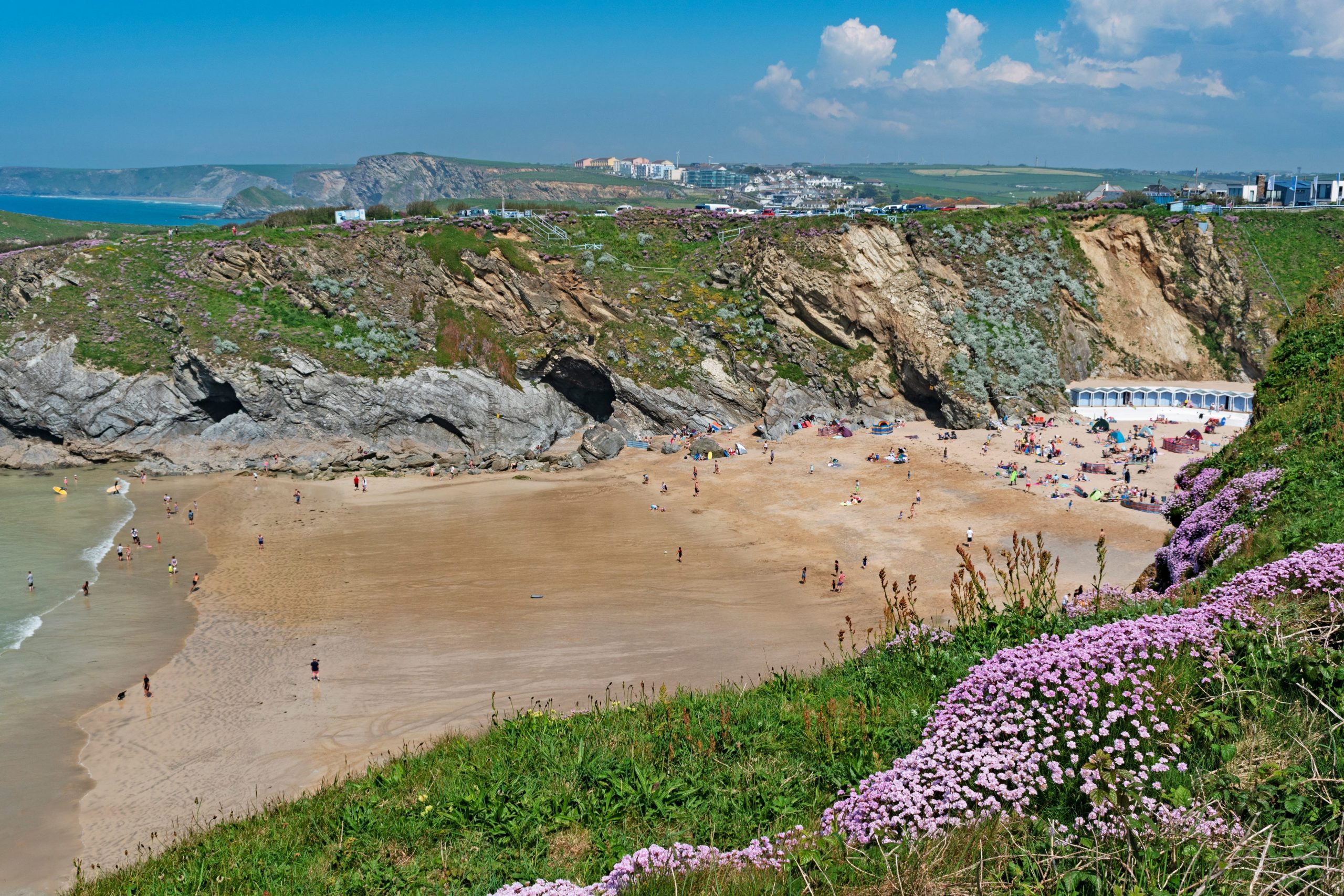 A wide shot of Lusty Glaze Beach where Gordon Ramsay is filming his new show.