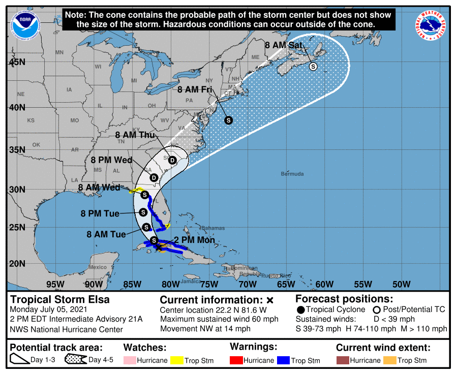 2pm monday forecast cone shows tropical storm elsa crossing cuba then hitting florida gulf coast