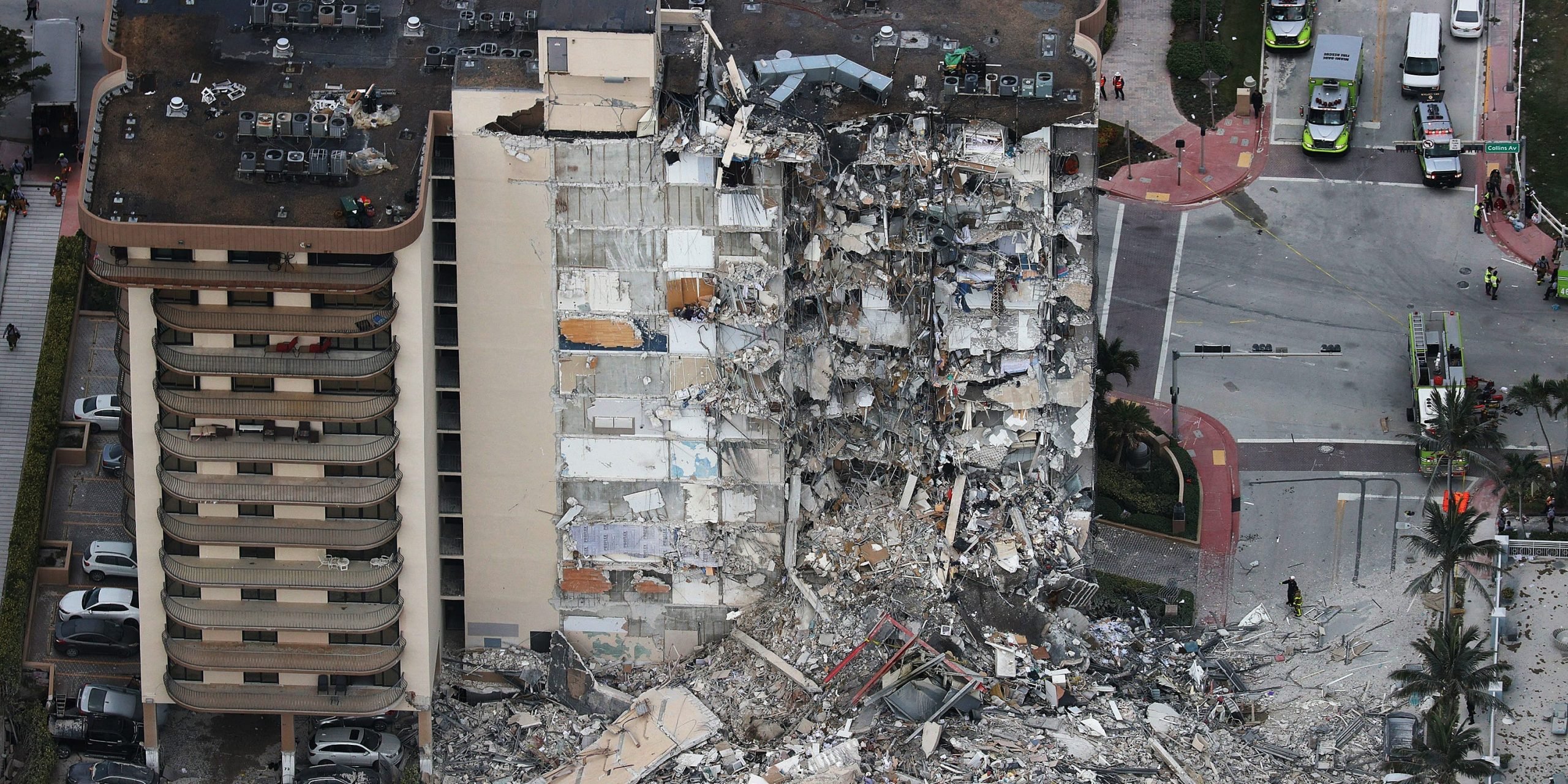 Aerial view of Building collapse in Surfside, Florida