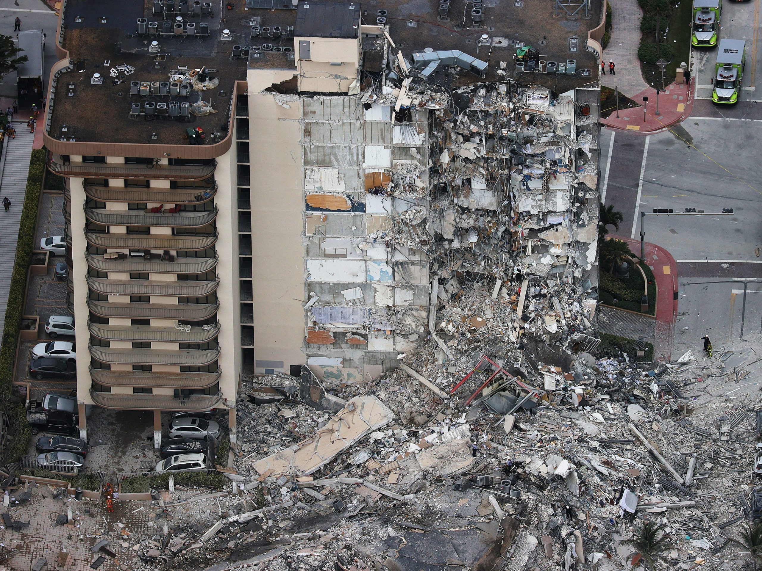 Aerial view of Building collapse in Surfside, Florida