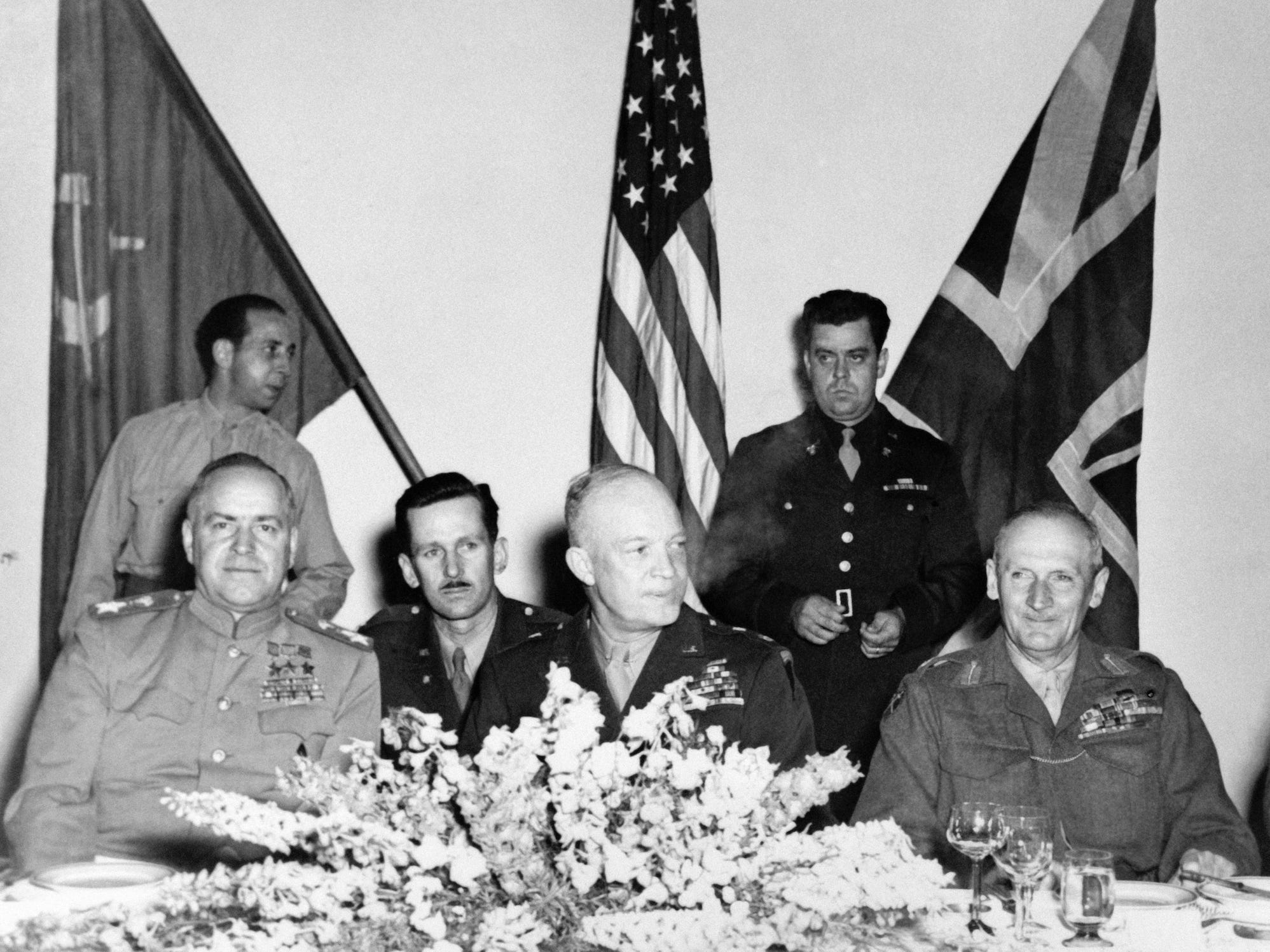 Generals Bernard Montgomery Dwight Eisenhower and Georgy Zhukov at a banquet