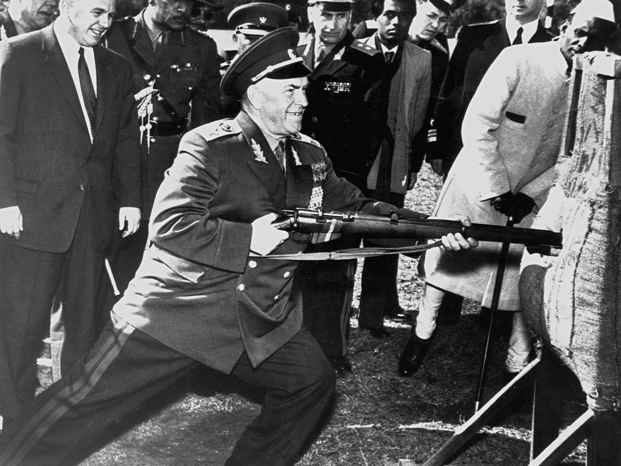 Soviet Defense Minister Georgy Zhukov demonstrates a bayonet thrust