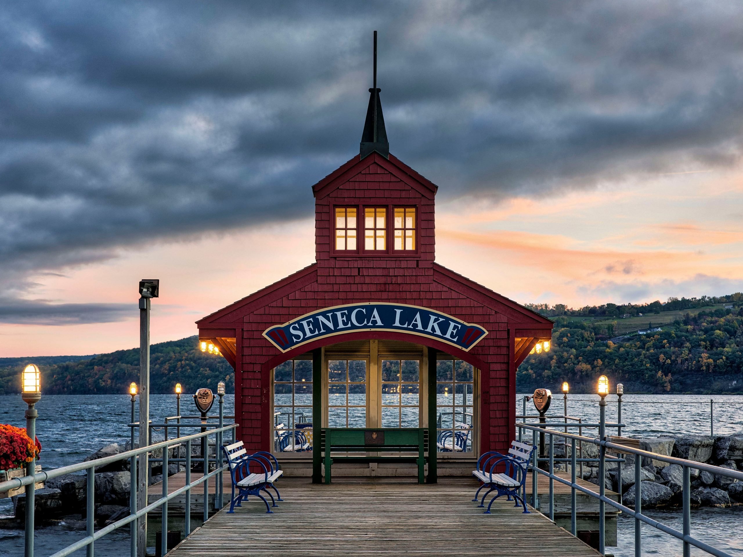 Seneca Lake boathouse at dusk