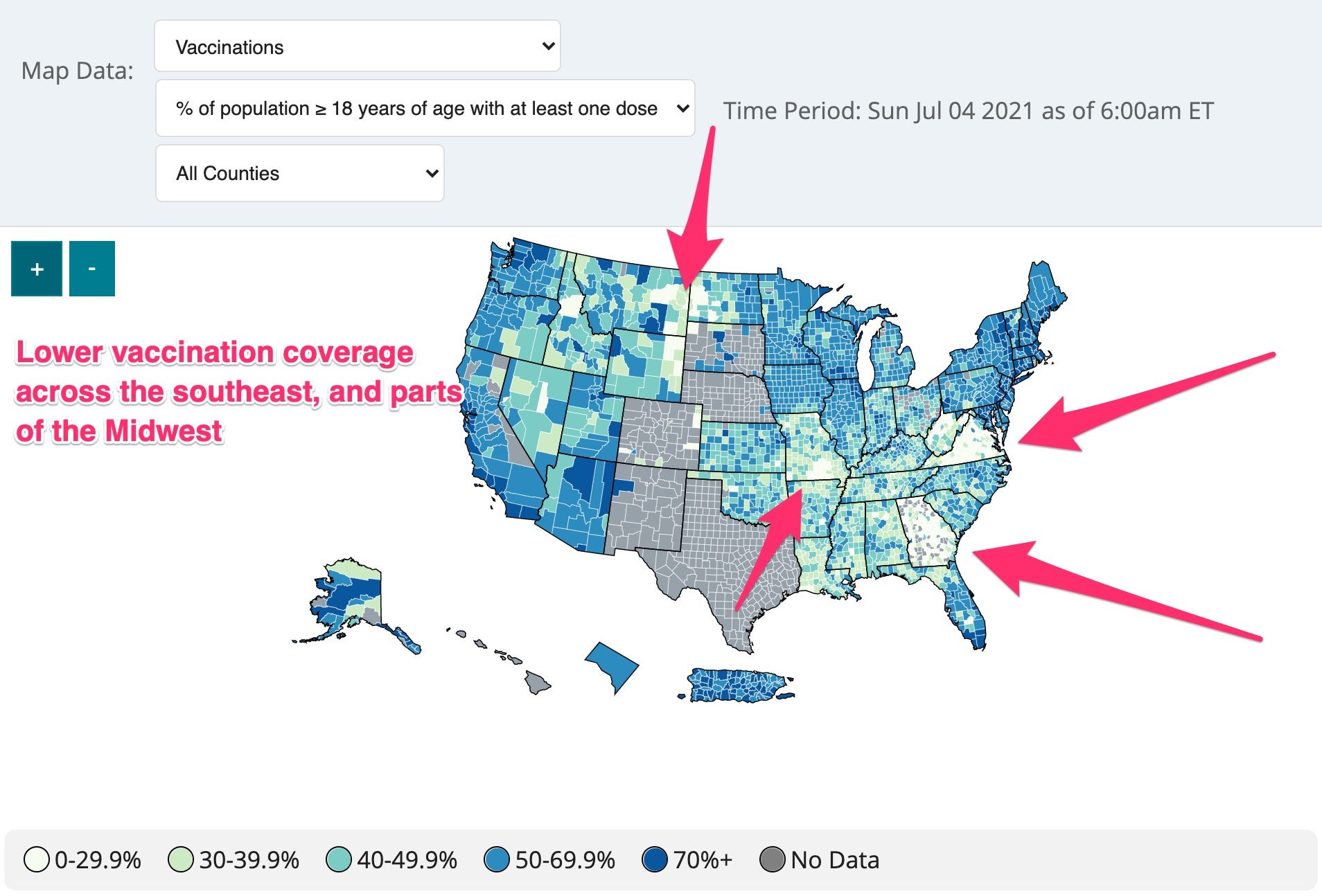 a map of the US showing the number of adults vaccinated with at least one dose of a COVID-19 vaccine, county by county, with areas of low coverage highlighted in the southeast and Midwest