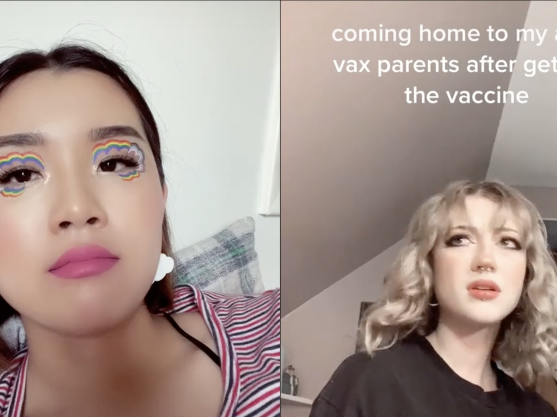 This is a side-by-side photo of two TikTokers discussing their anti-vax parents.