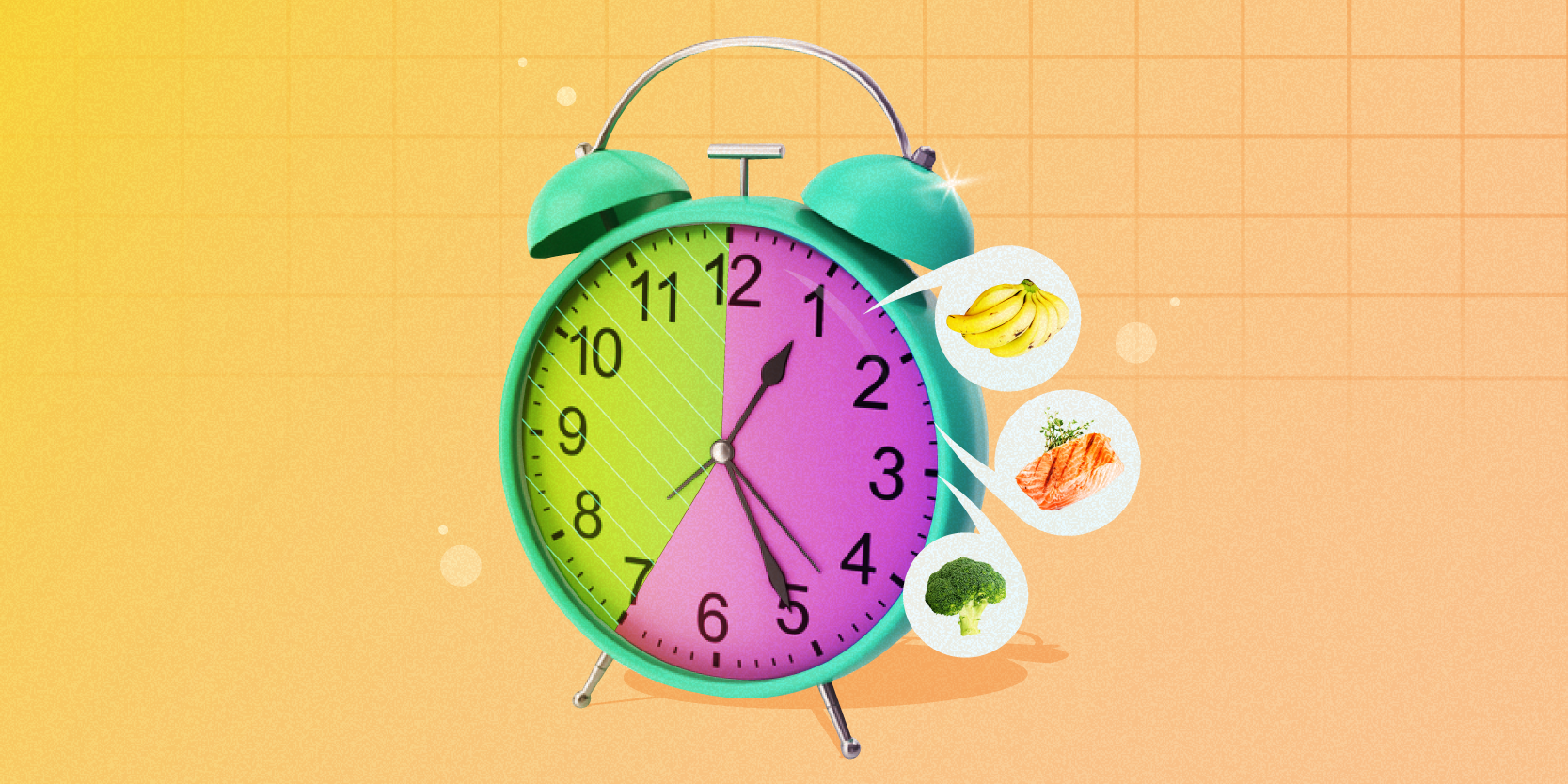 Intermittent fasting schedule clock with fruits, and salmon in callout bubbles