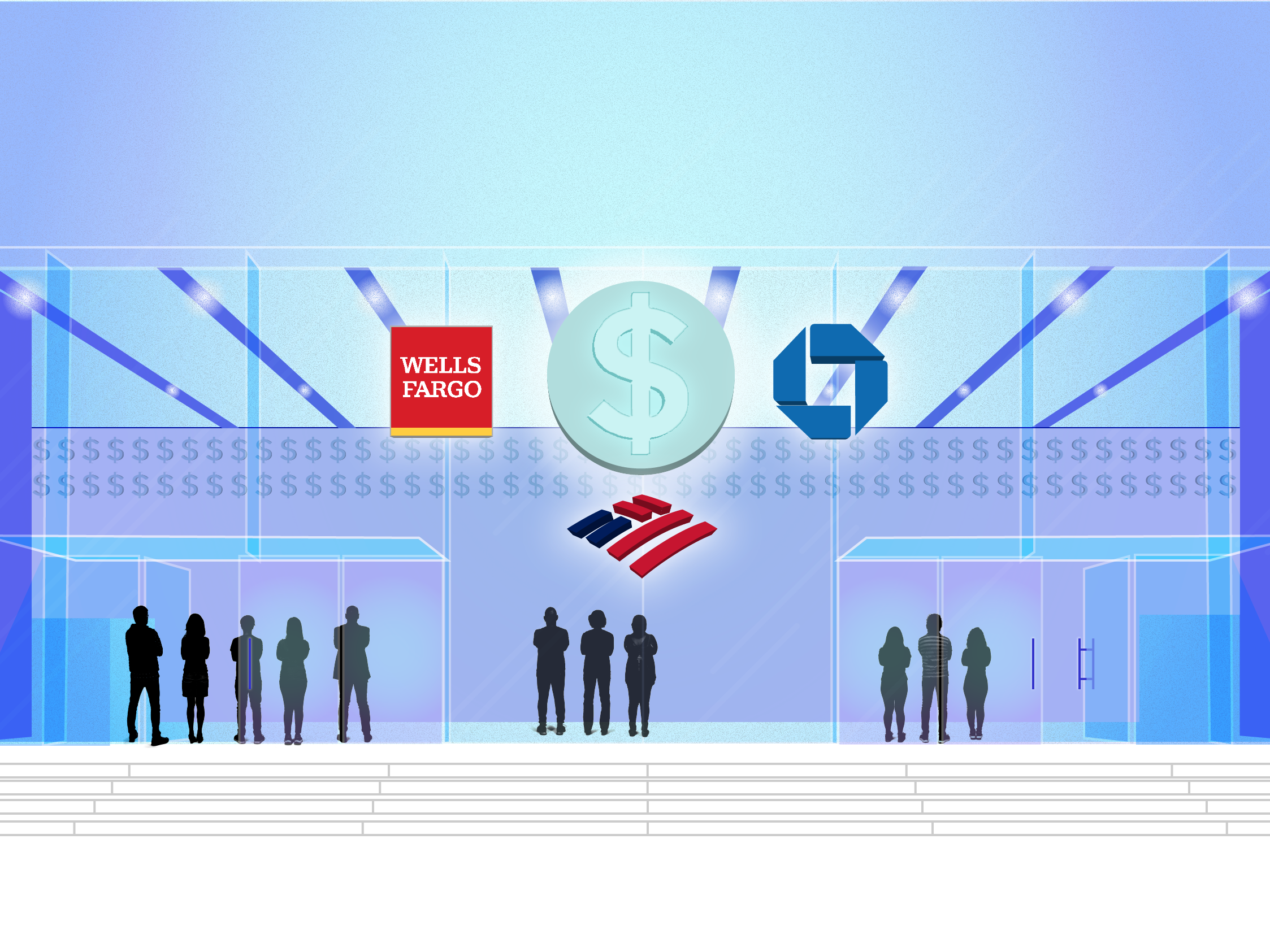 Illustration of a futuristic glass bank with a large illuminated dollar sign logo above the entrance, surrounded by logos of Wells Fargo, Bank of America, and Chase Bank