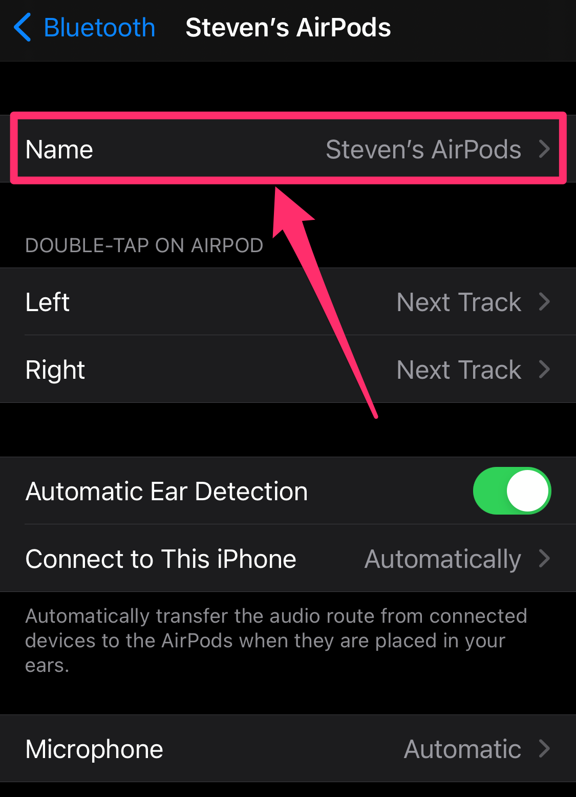 Screenshot of AirPods page in iPhone Settings app