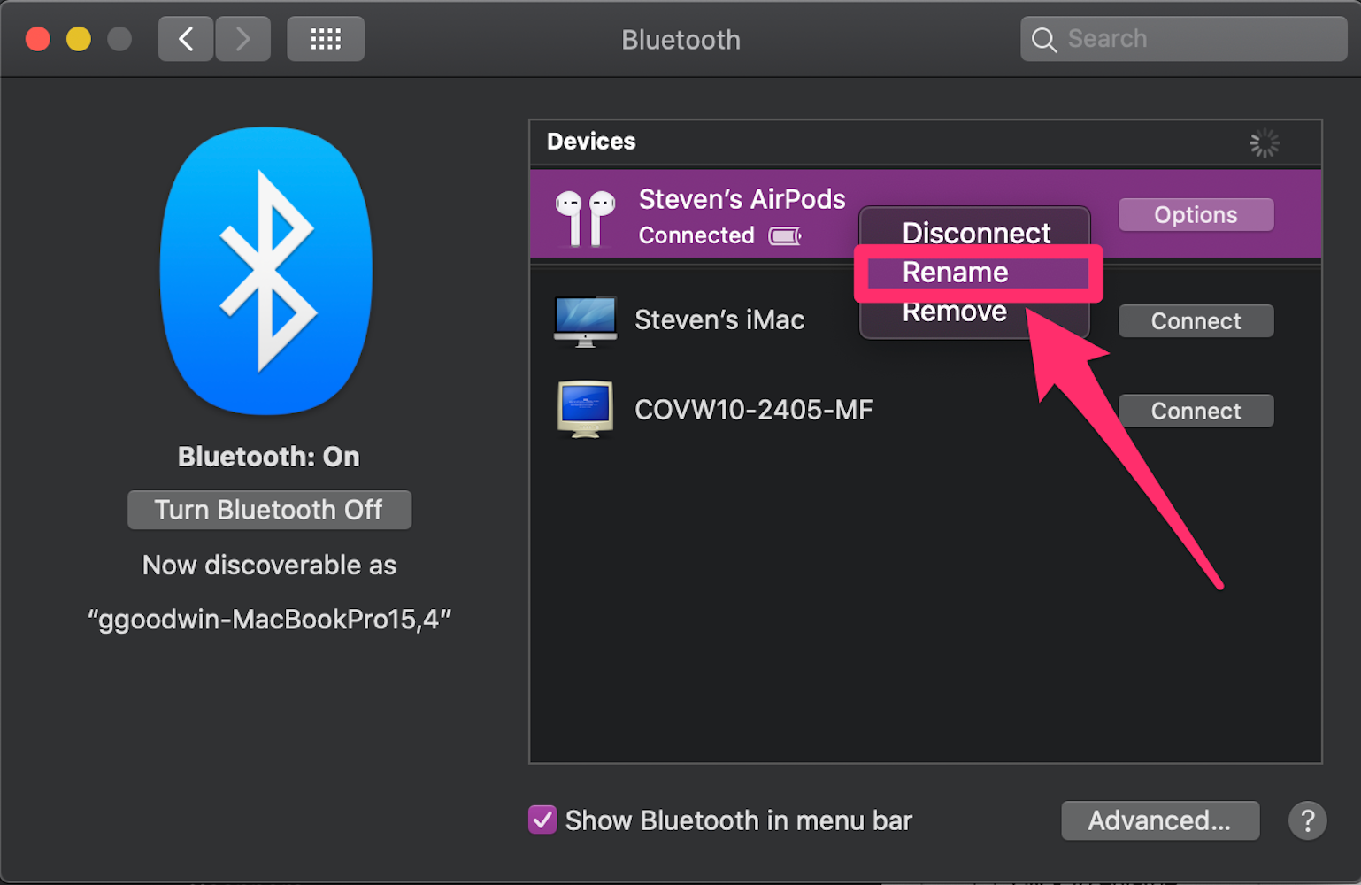 Screenshot of Rename drop-down menu in Bluetooth section of System Preferences