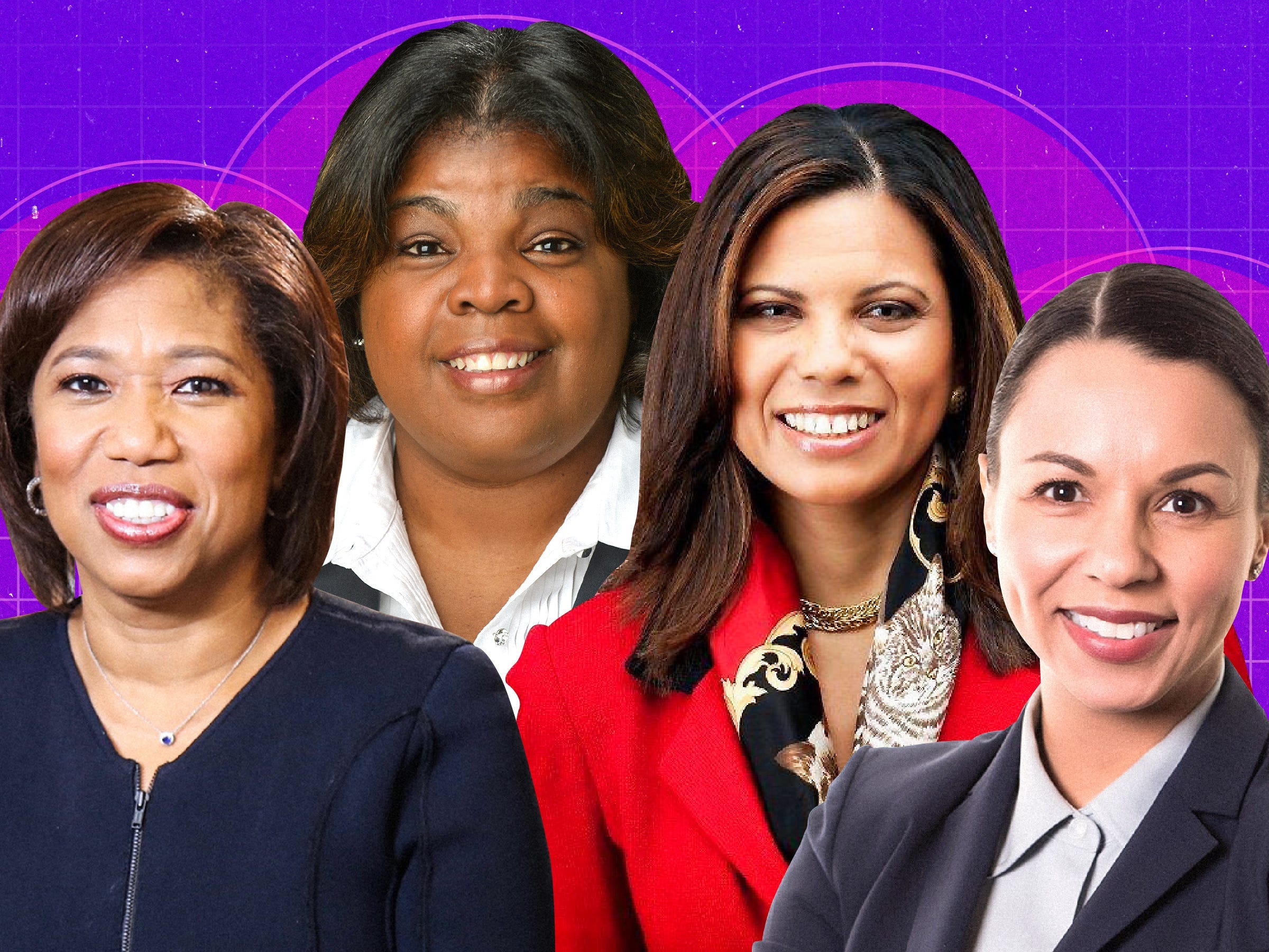 From left: Kim Lew, president and CEO of the Columbia Investment Management Company, Dekia Scott, CIO of Southern Company, Tina Byles Williams, CEO CIO and Founder of Xponance, and Michaela Edwards, partner and portfolio manager at Capricorn Investment Group with magenta circles and a faded white grid behind them on a purple background