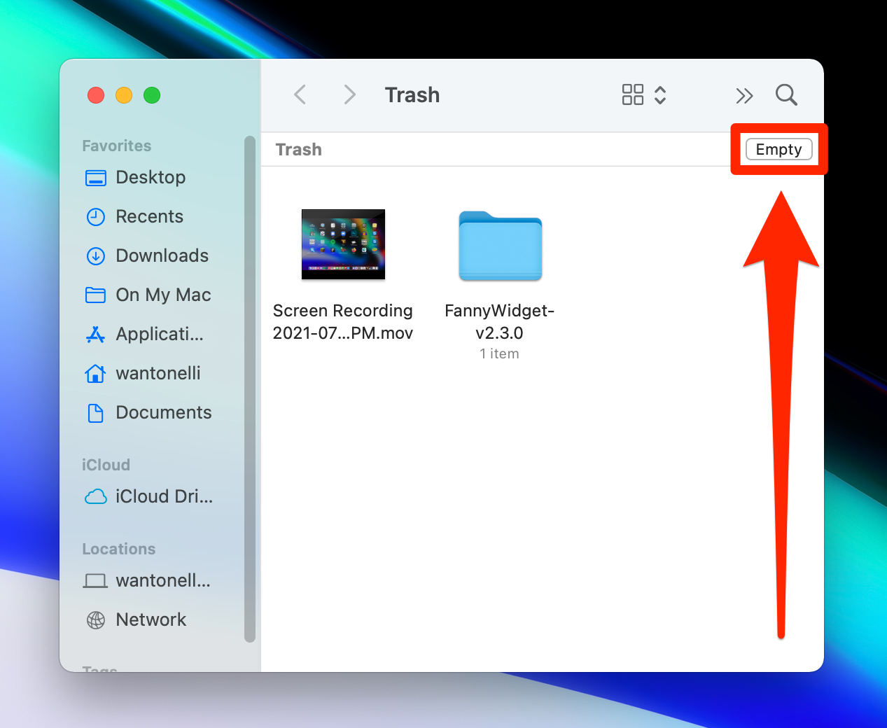 A Mac's Trash folder, with the "Empty" option highlighted.