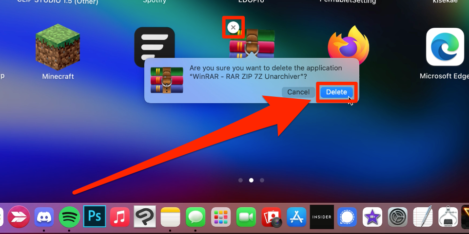 A Mac's Launchpad screen, with the "Delete" option highlighted.