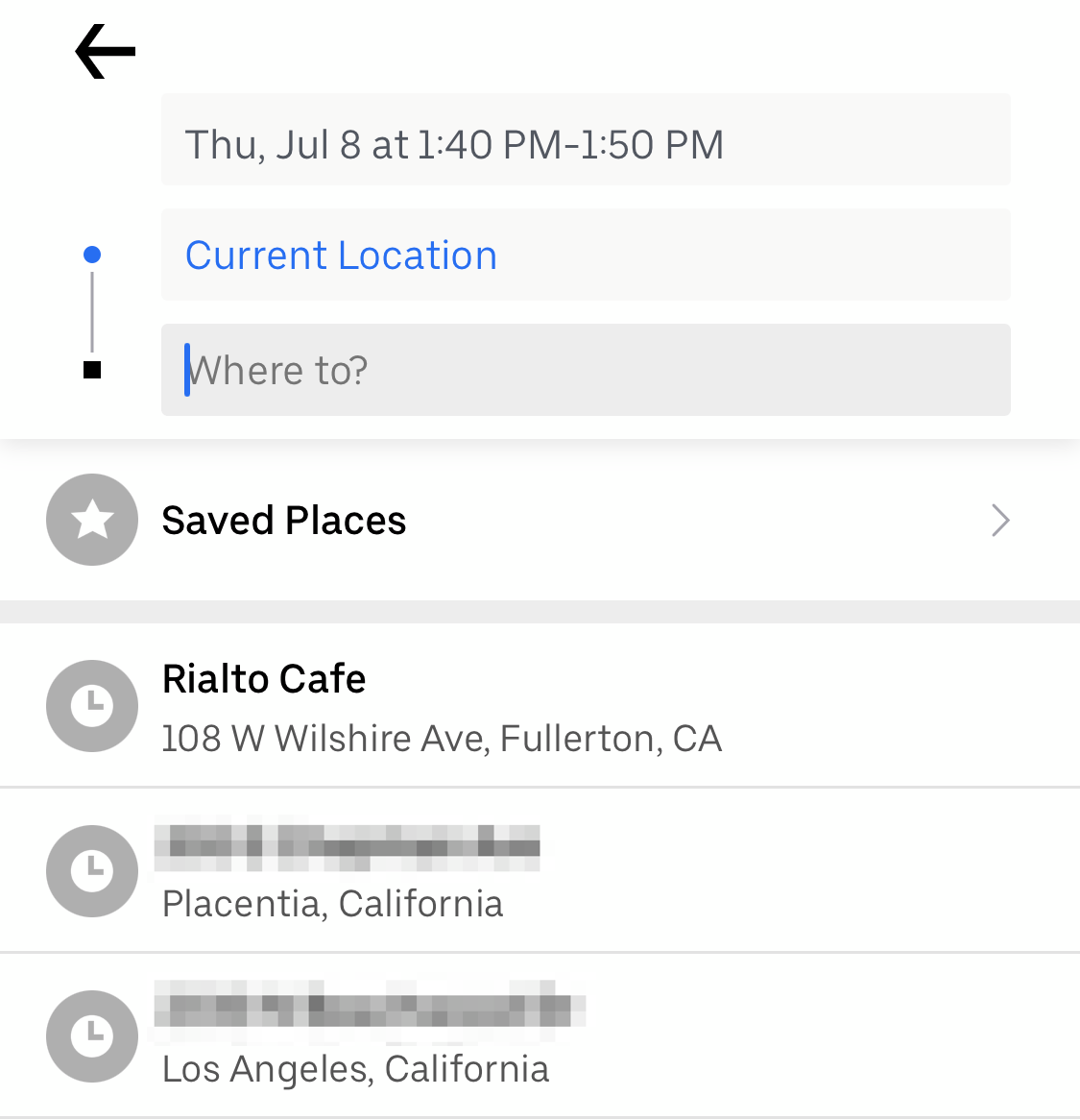 Screenshot of pick-up and drop-off locations page on Uber app