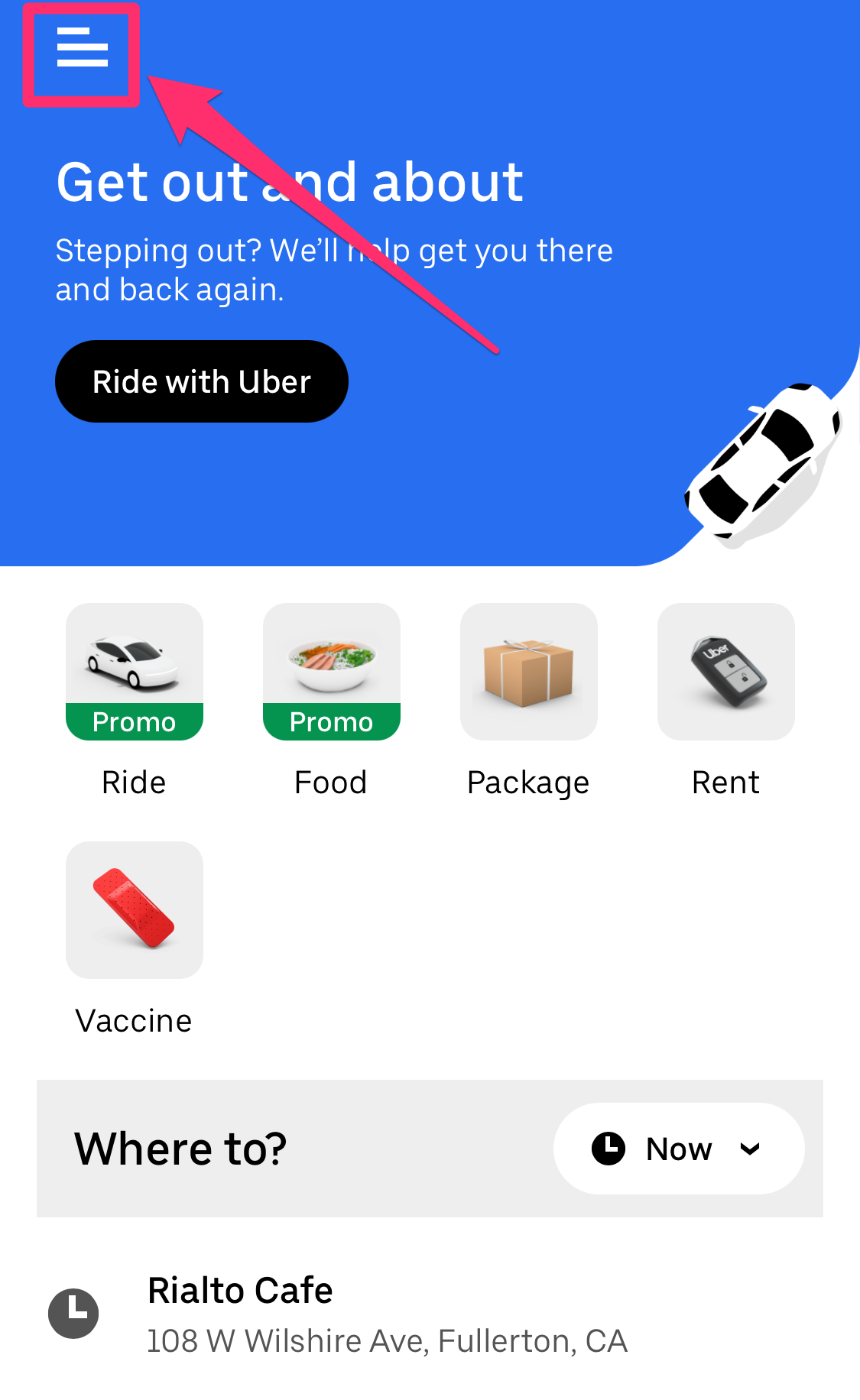 Screenshot of Uber app homepage