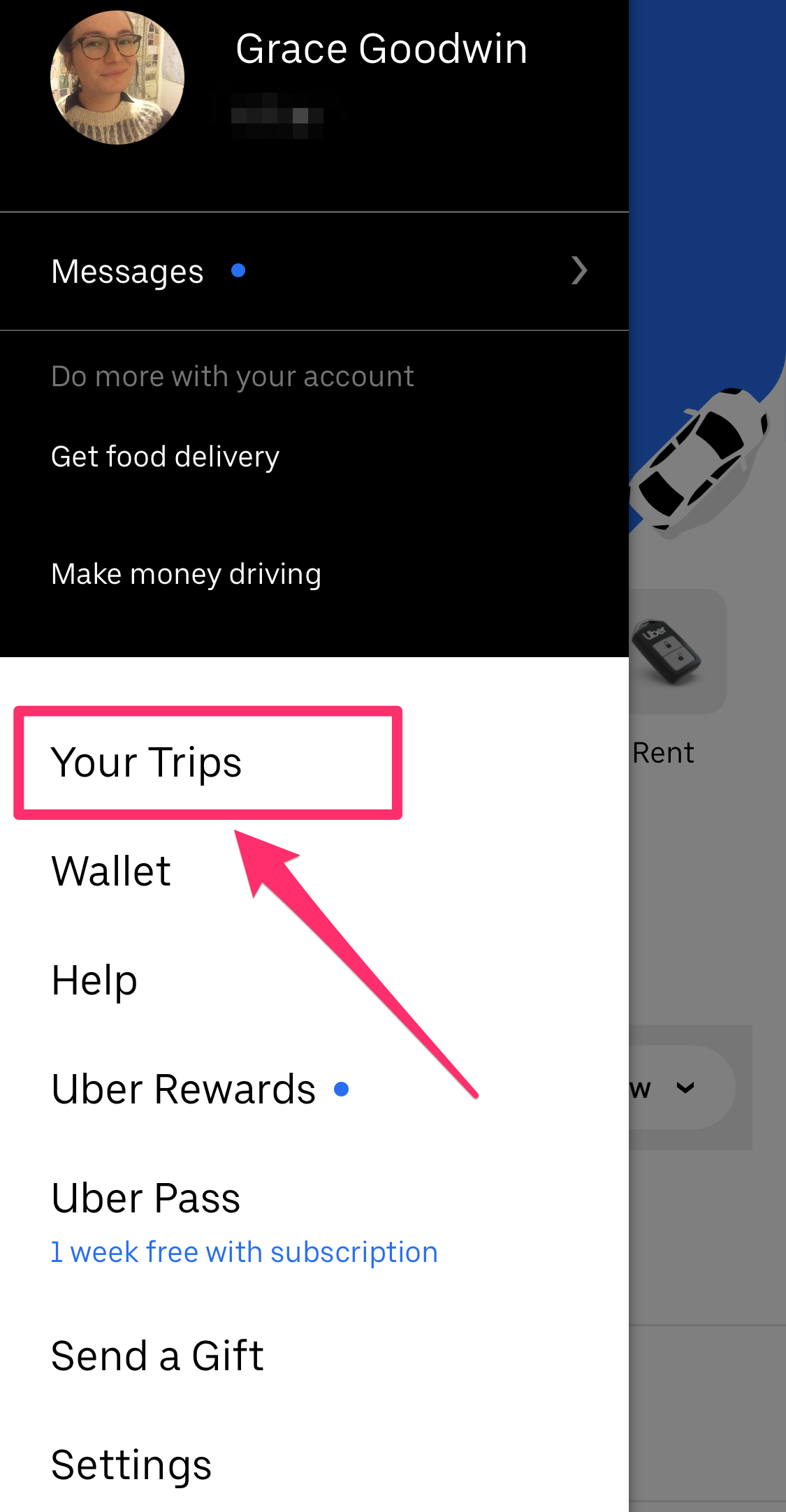 Screenshot of menu in Uber app