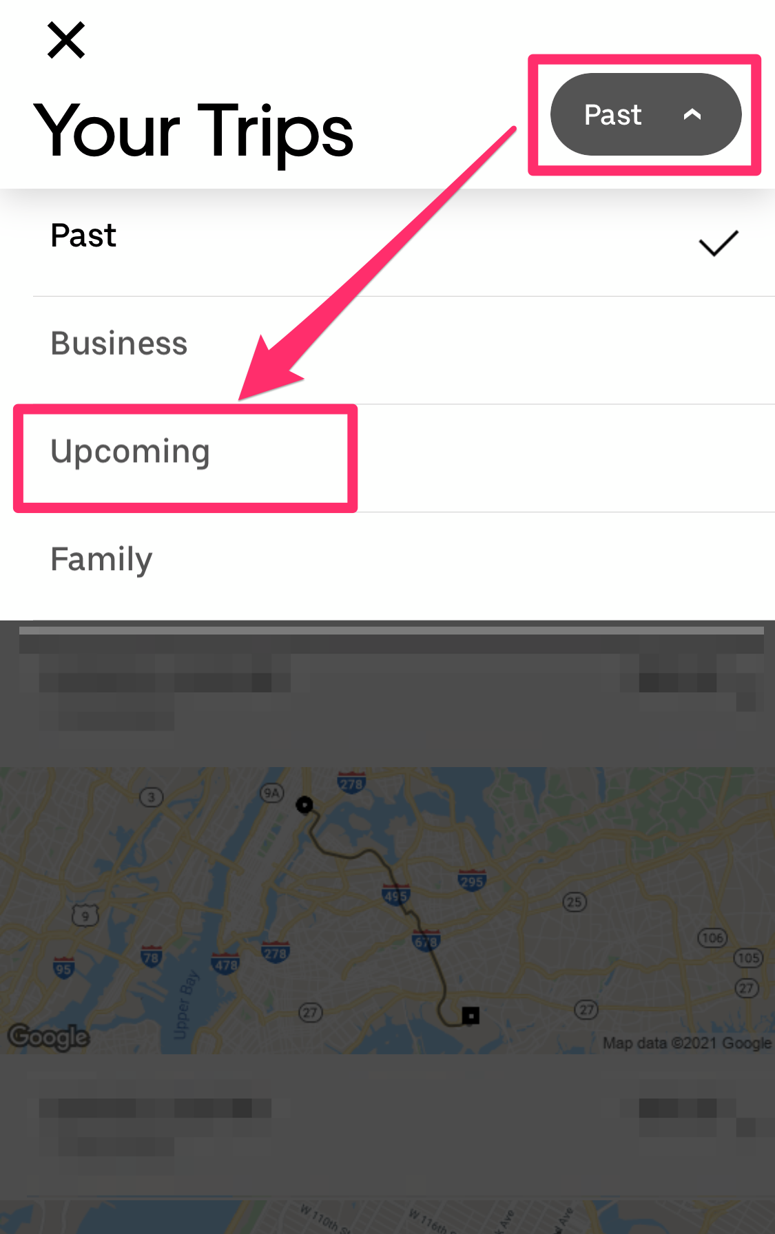 Screenshot of "Your Trips" page in Uber app