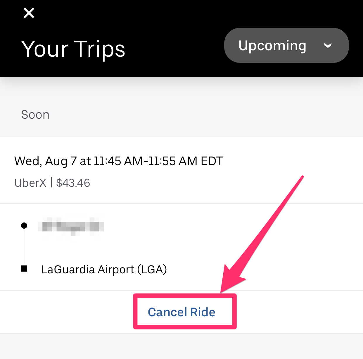 Screenshot of "Your Trips" upcoming trip summary page in Uber app