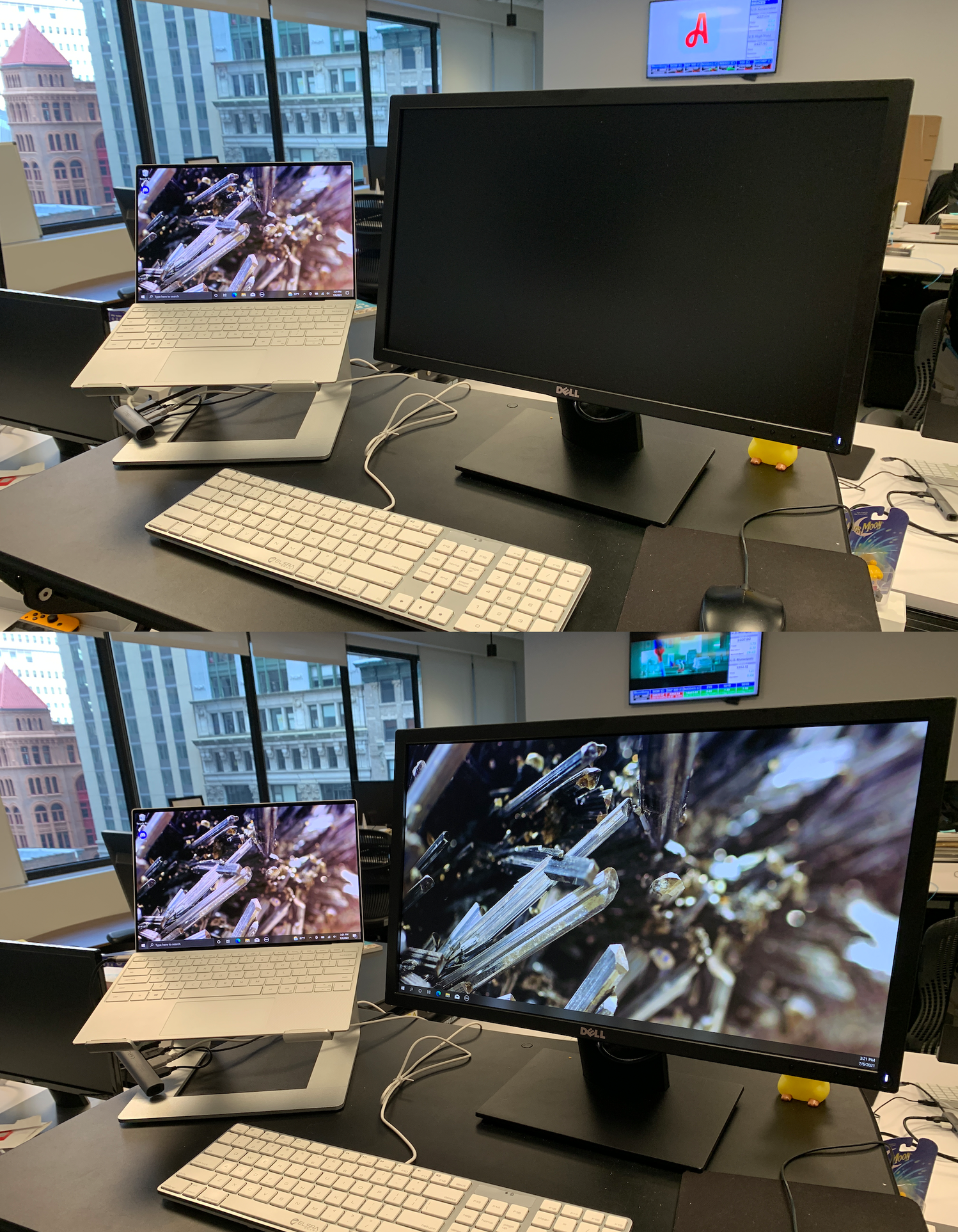 Two pictures on top of each other. The top picture shows a Windows laptop next to a black screened monitor. The bottom image shows the same Windows laptop, but its screen has now been extended onto the monitor.