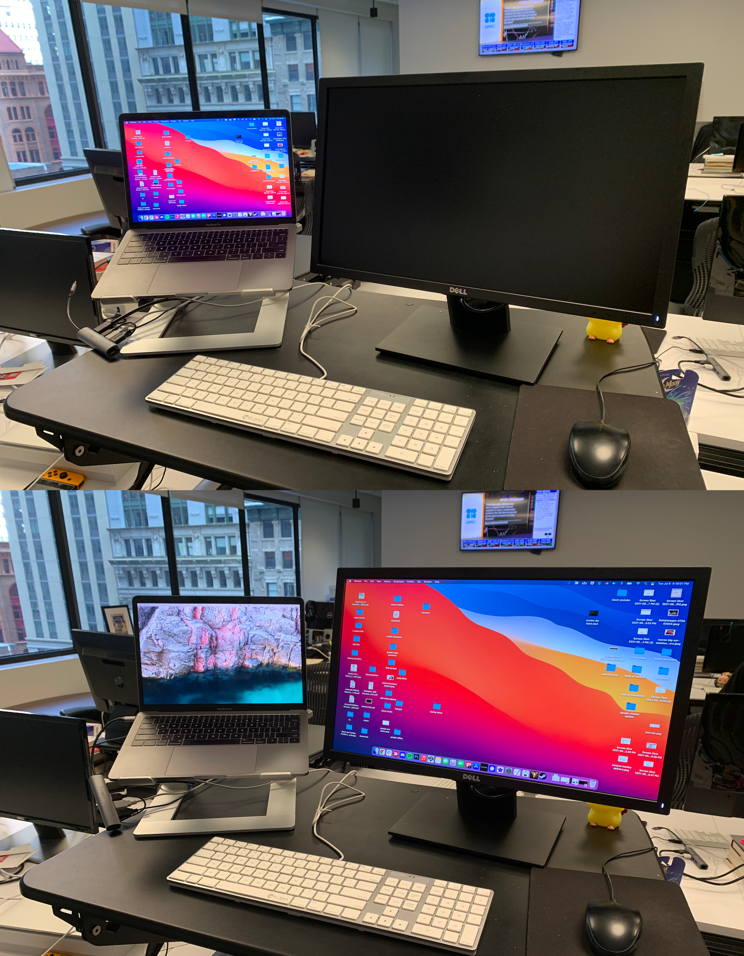 Two pictures on top of each other. The top picture shows a Mac laptop next to a black screened monitor. The bottom image shows the same Mac laptop, but its screen has now been extended onto the monitor.