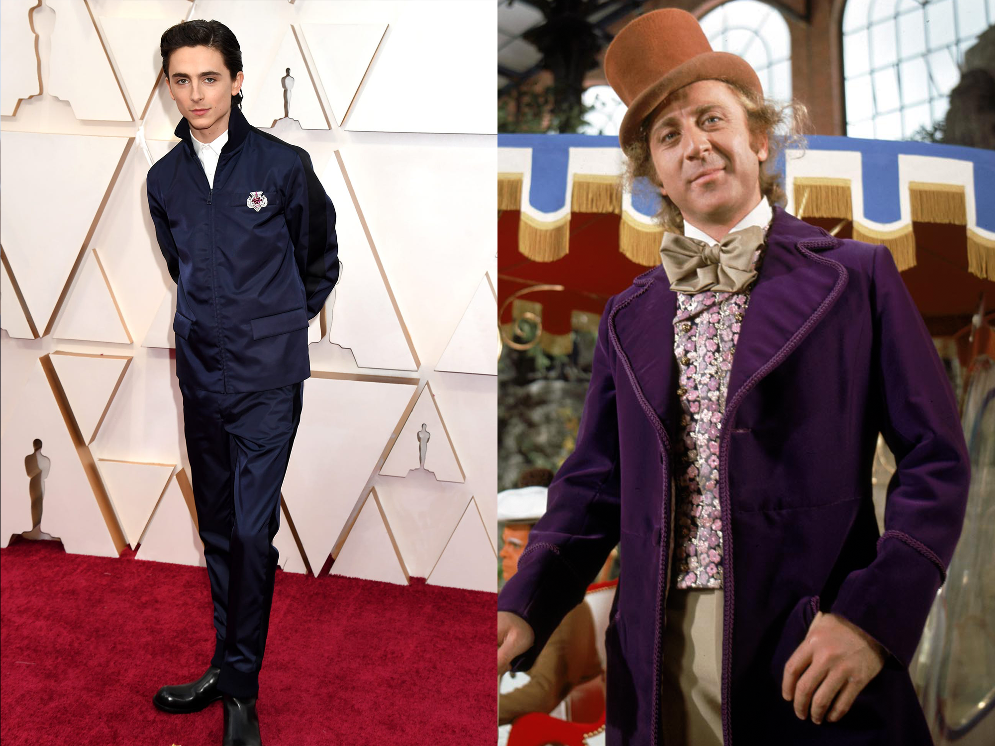 composite of timothee chalamet and gene wilder as willy wonka