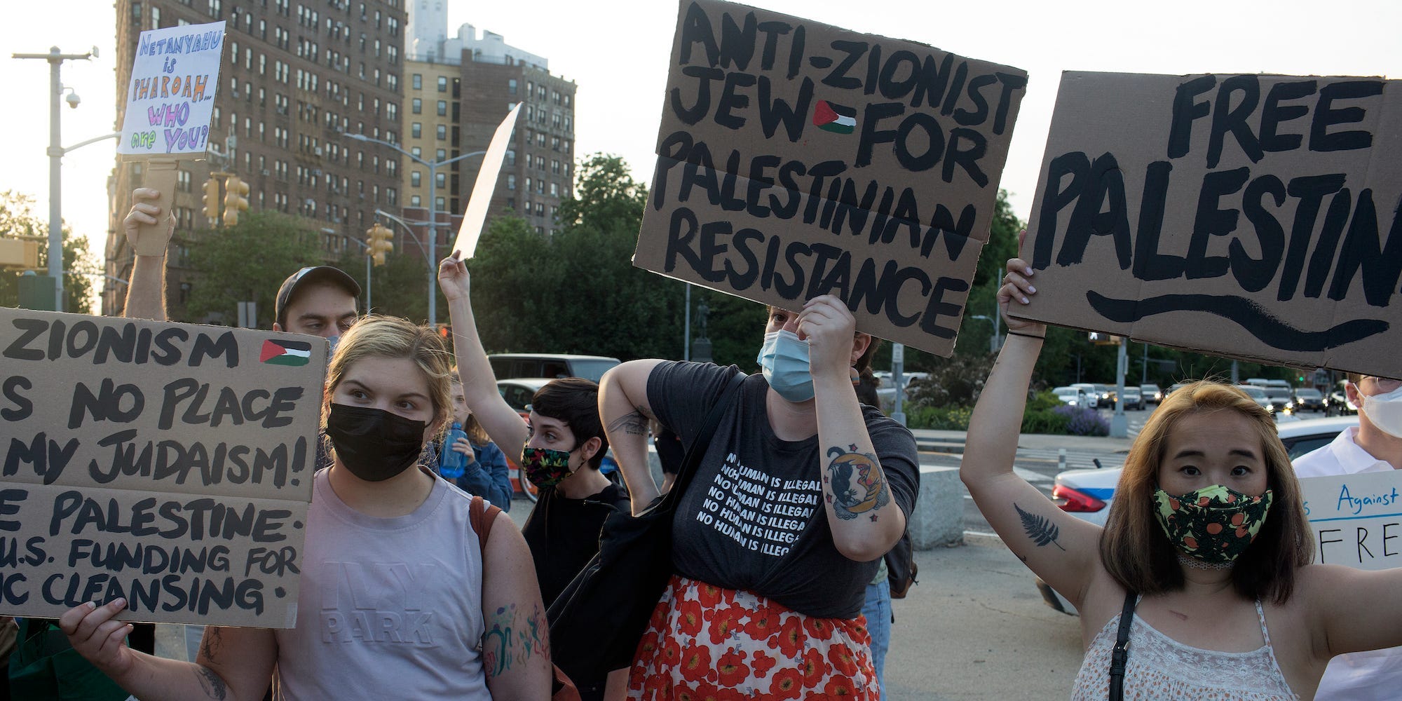 Progressive members of Brooklyn's Jewish community hold a rally to protest Israel's continued occupation of Palestine and what they claim to be its zionist policies of apartheid, May 21, 2021 in the Prospect Park neighborhood of Brooklyn, New York.