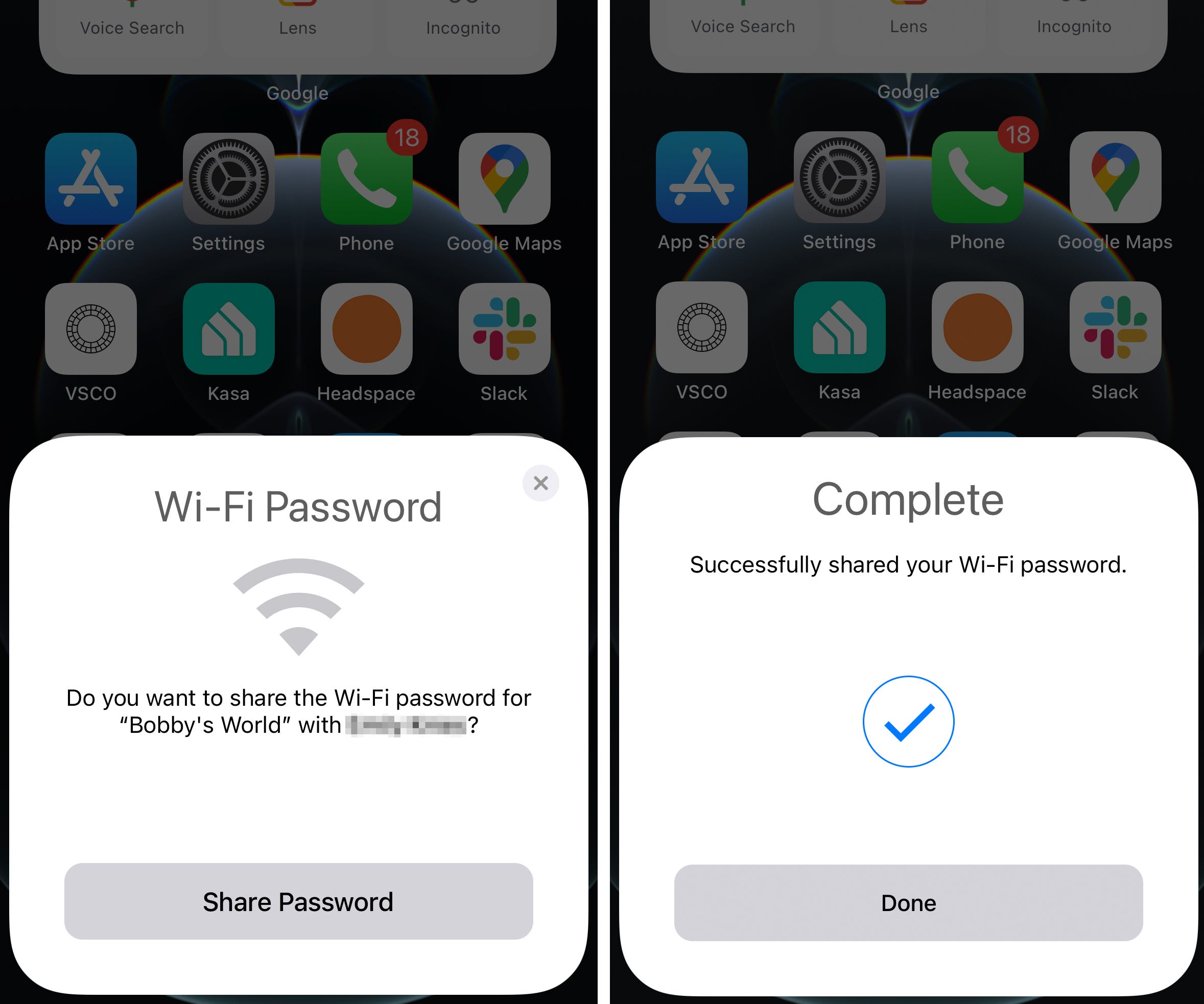 Two screens showing Apple's automatic Wi-Fi sharing