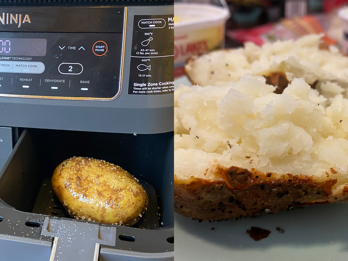 (left) seasoned potato in an air-fryer basket (right) inside of a baked potato