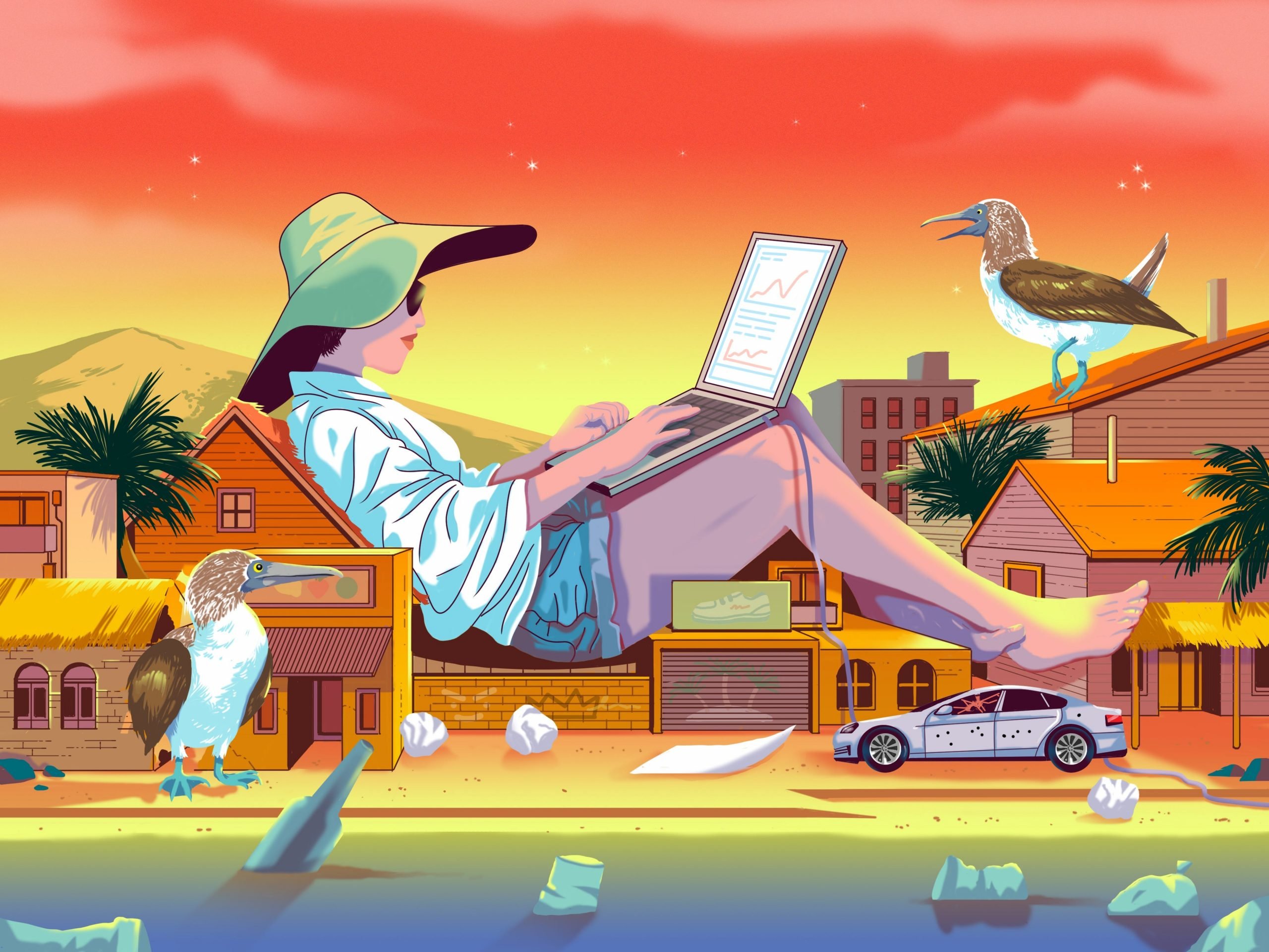 An oblivious relaxed woman on her laptop sitting on top of residential and business buildings in a tropical environment with blue-footed boobies, pollution, and gang violence around her.