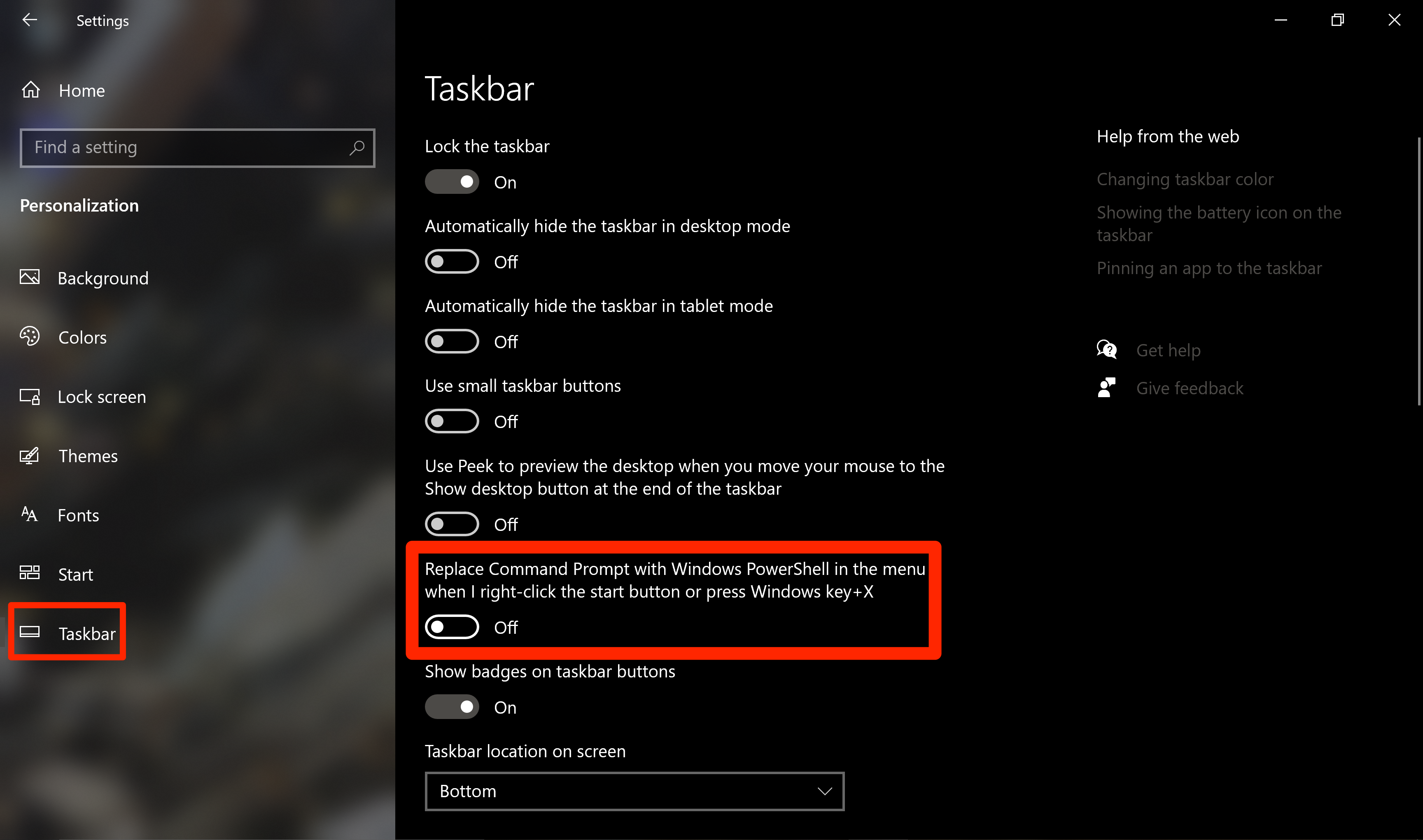 The Windows 10 Taskbar Personalization menu, with the option to disable PowerShell highlighted.