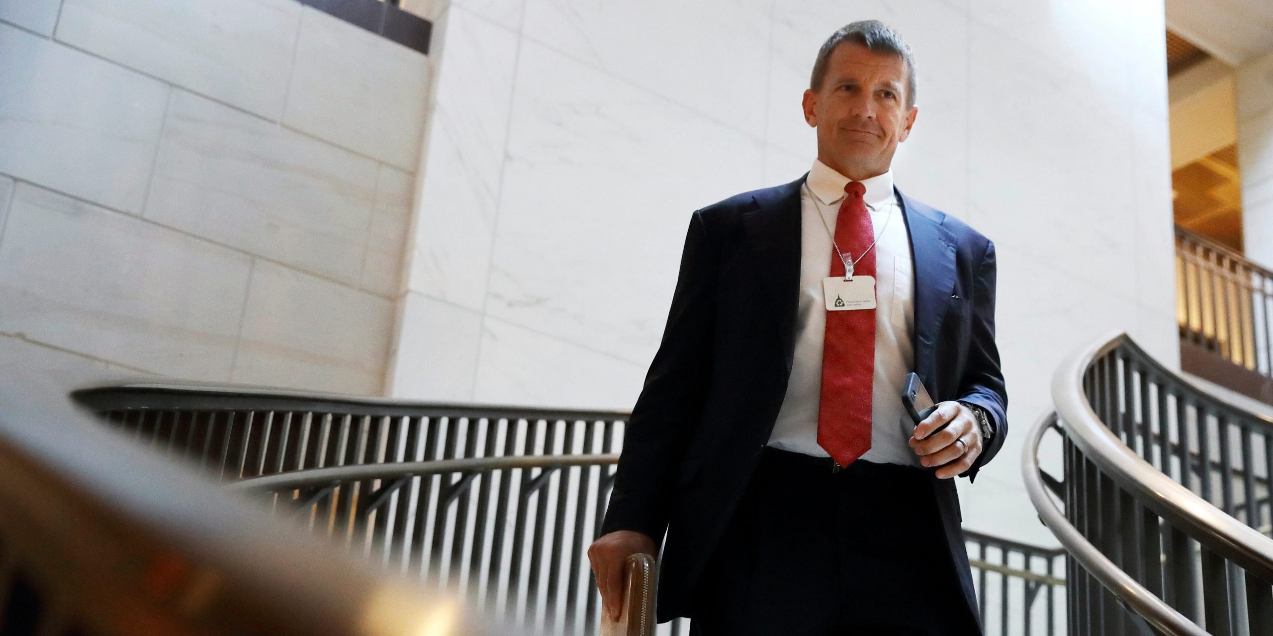 Blackwater founder Erik Prince arrives for a closed meeting with members of the House Intelligence Committee, Thursday, Nov. 30, 2017, on Capitol Hill in Washington.