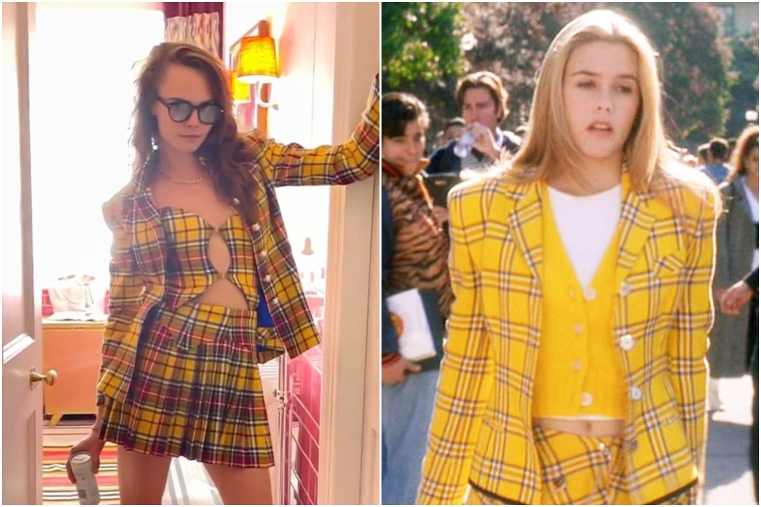A side by side of model Cara Delevingne wearing an outfit inspired by the character Cher from Clueless.