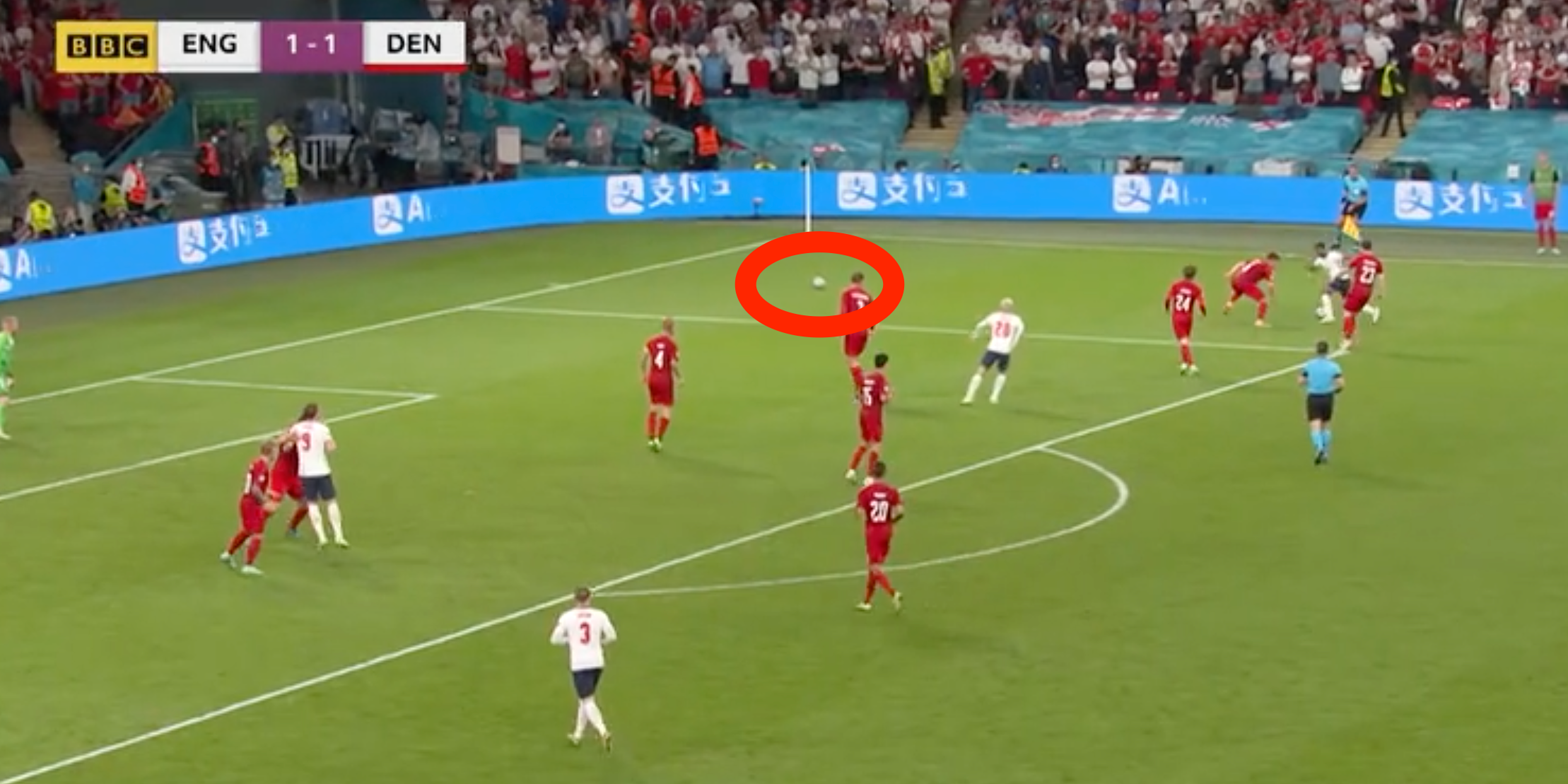 A second ball on the field just before England was awarded a penalty in its Euro 2020 semifinal against Denmark.