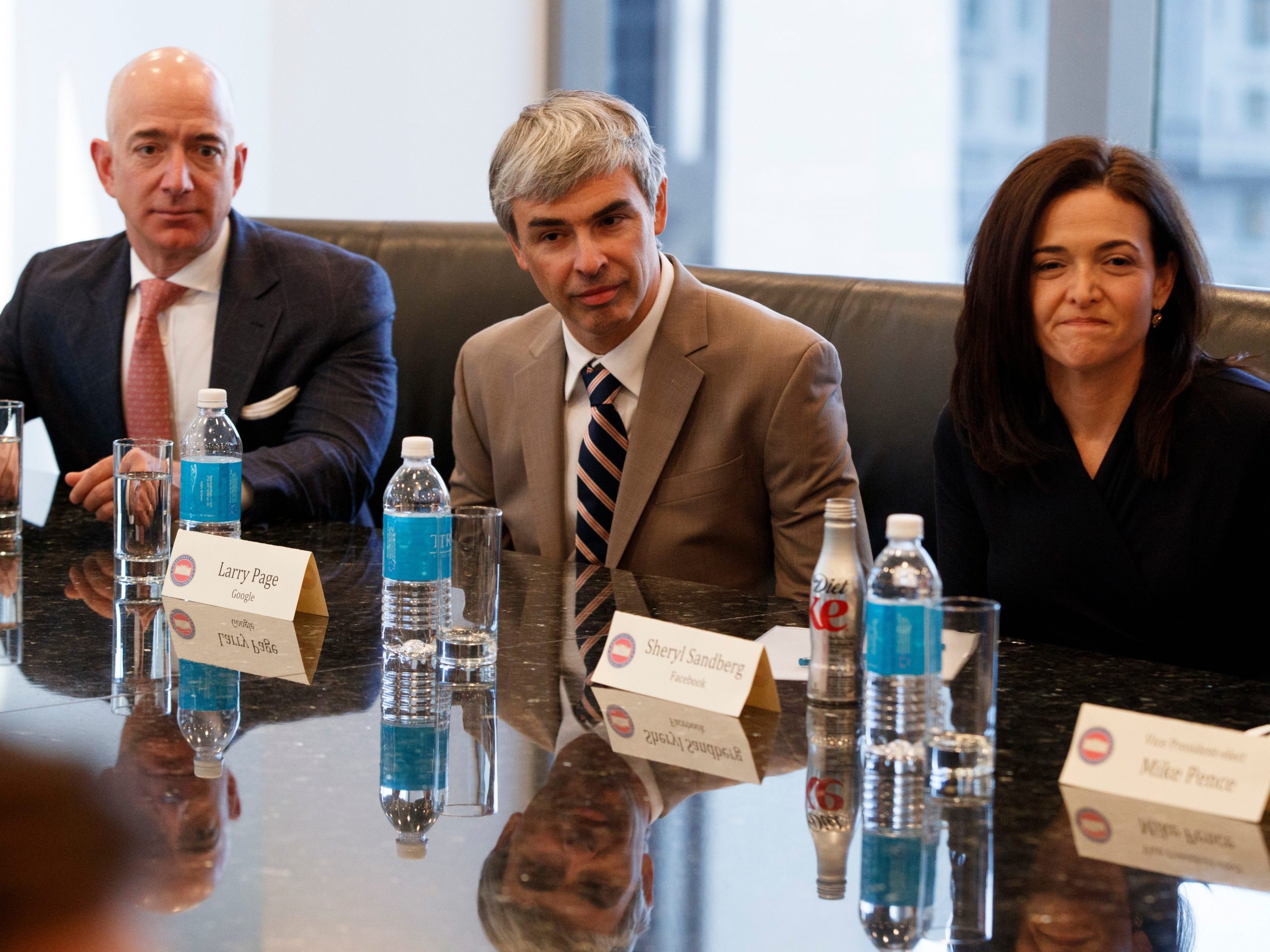 From left: Jeff Bezos, Larry Page, and Sheryl Sandberg met with President-elect Donald Trump in December 2016 at Trump Tower