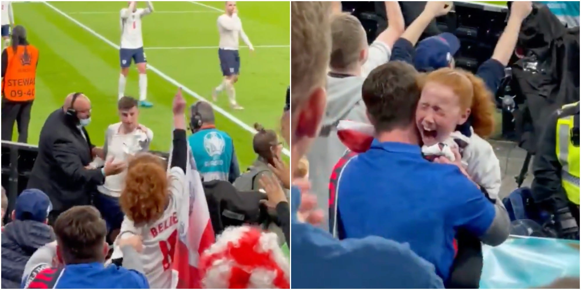 Mason Mount gives his shirt to a young fan after England’s victory over Denmark at Euro 2020
