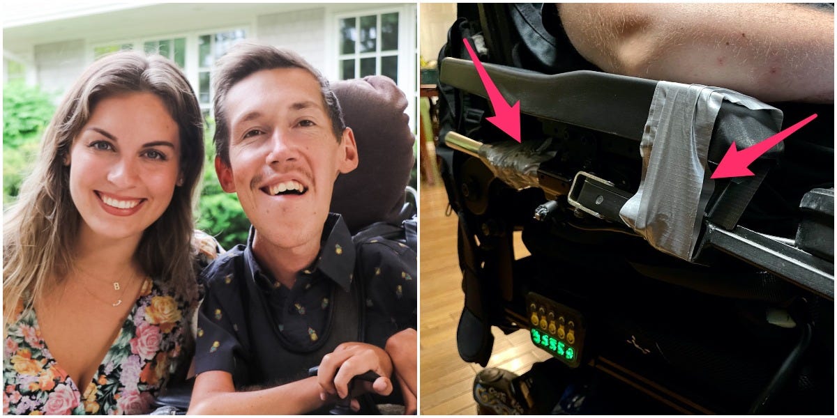 A side by side image of Hannah Aylward and Shane Burcaw (left) and Cory Lee's broken wheelchair (right).