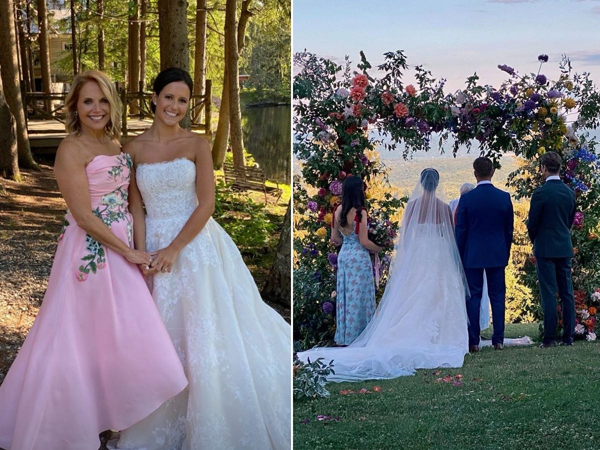 A side-by-side of Katie Couric and her daughter embracing on her wedding day and a bride and groom standing under a floral archway on a mountaintop.