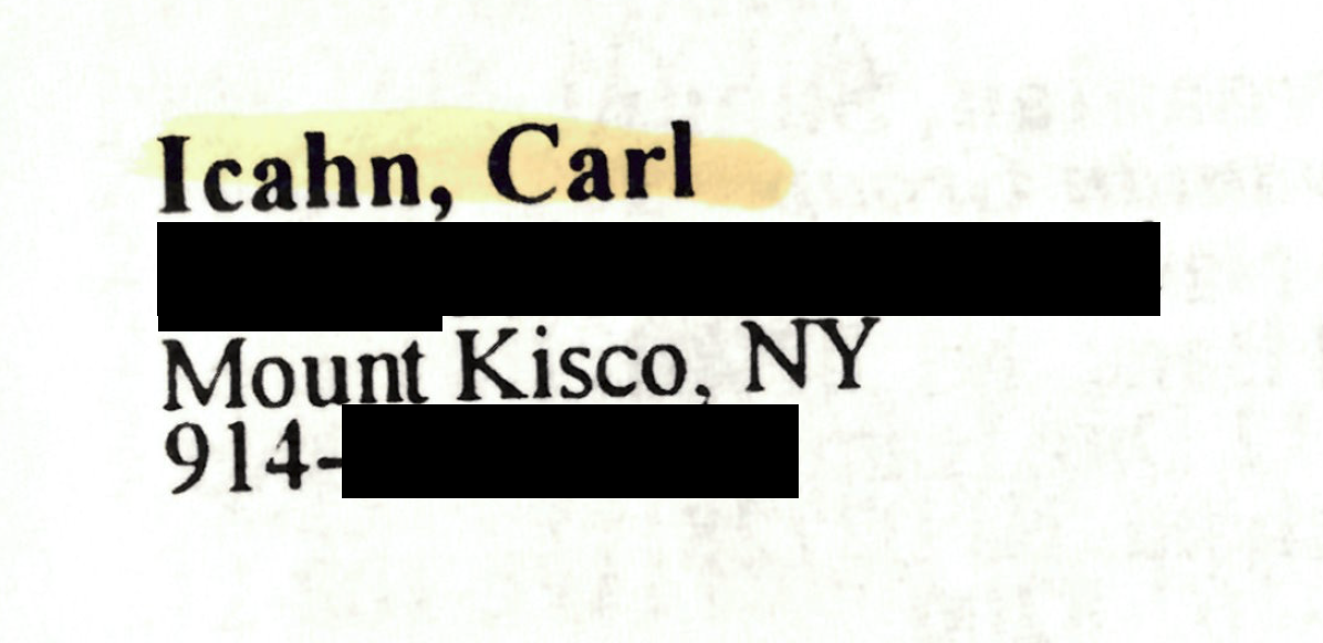 Screenshot of Carl Icahn's entry in Jeffery Epstein's 1997 address book