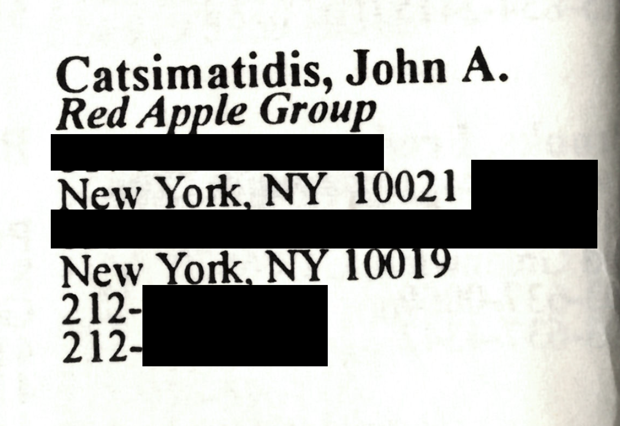 Screenshot of John A. Catsimatidis's entry in Jeffrey Epstein's 1997 address book