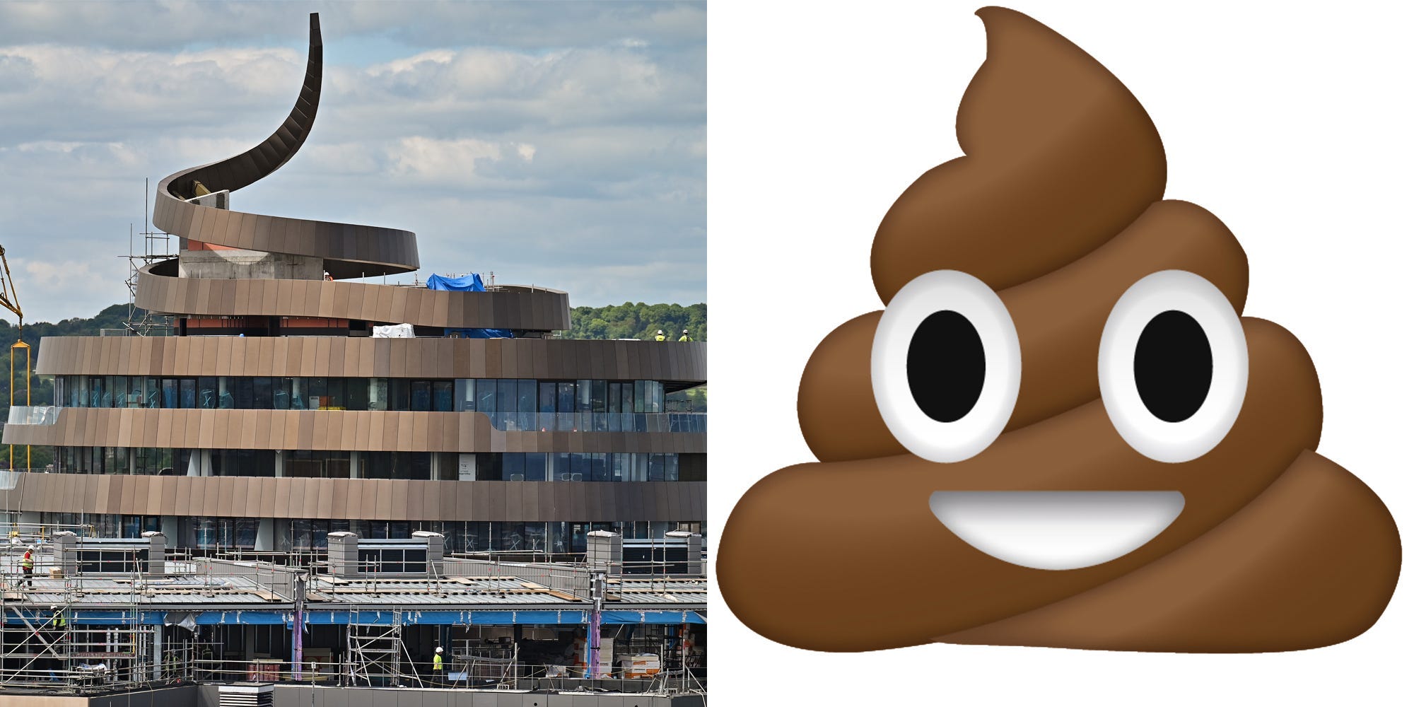 A composite image showing the Ribbon Hotel on the left and the poop emoji on the right.