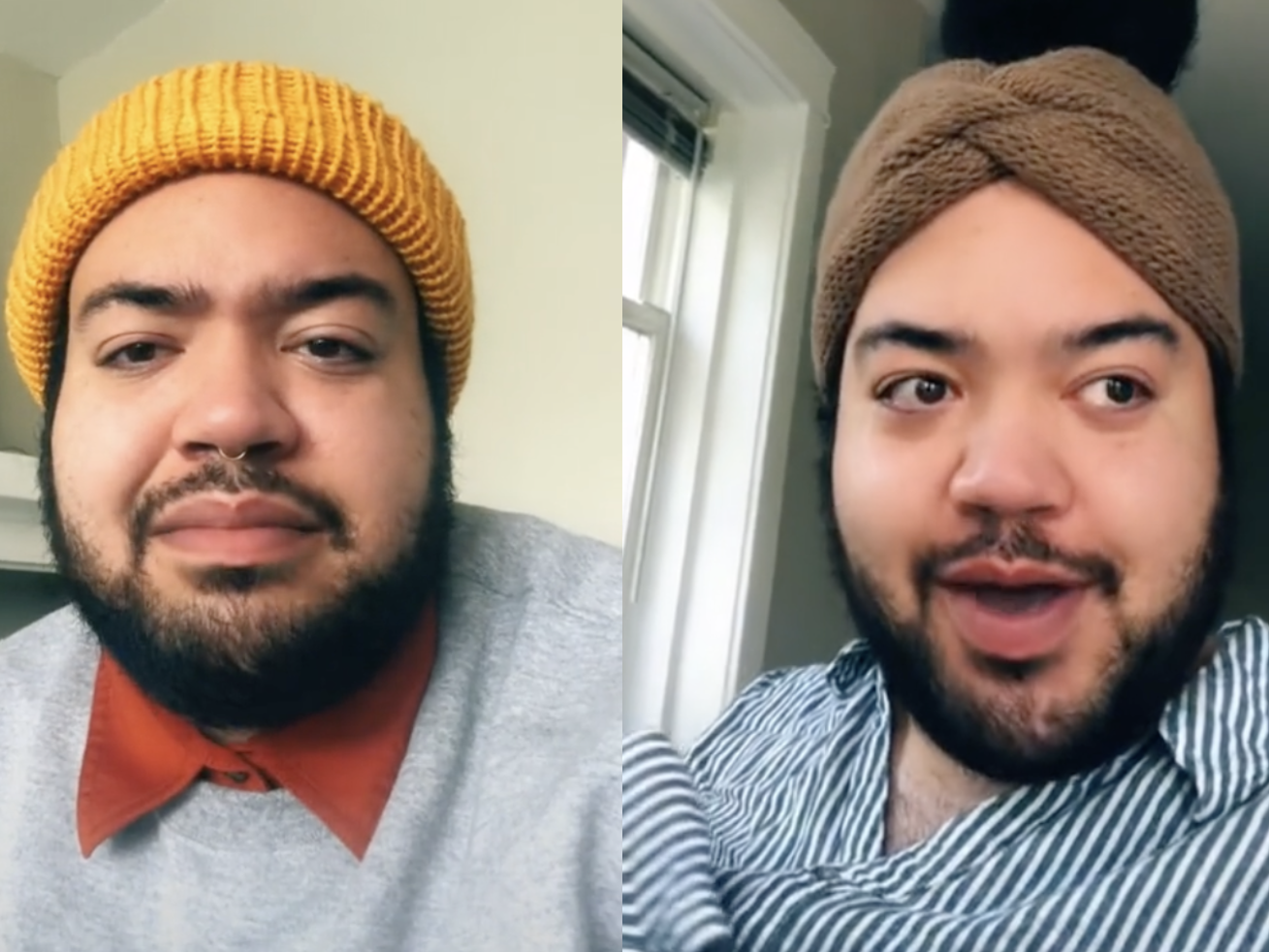 There are two images of Ziggi Tyler. On the left he is wearing a yellow beanie, grey shirt and red collar. On the right he is wearing a brown headscarf and a blue and white striped shirt.