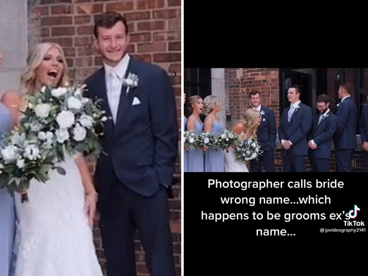 A side by side of a bride and groom laughing next to a screenshot of a TikTok of a bridal party laughing together.